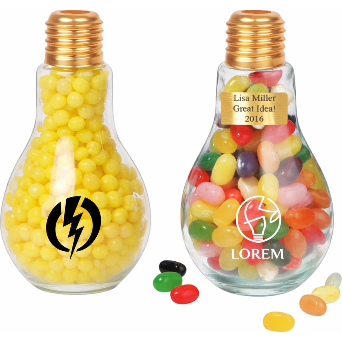 A drink bottle designed in a bulb shape, featuring a golden top, filled with colourful jelly beans. Branding is visible.