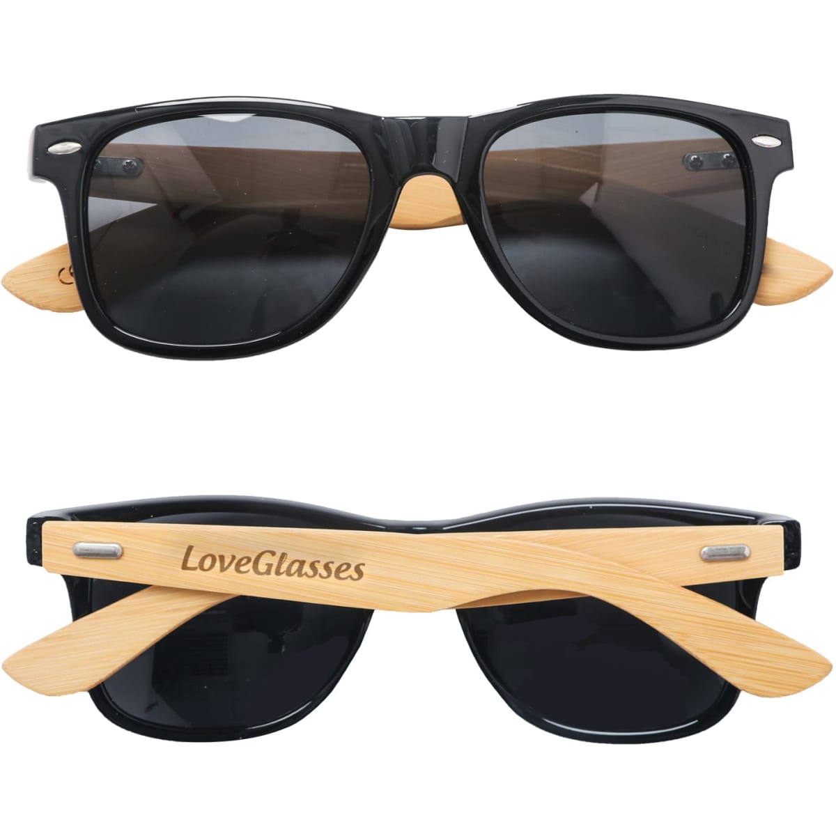 Bamboo sunglasses featuring black lenses and natural bamboo arms, with a logo on one side.