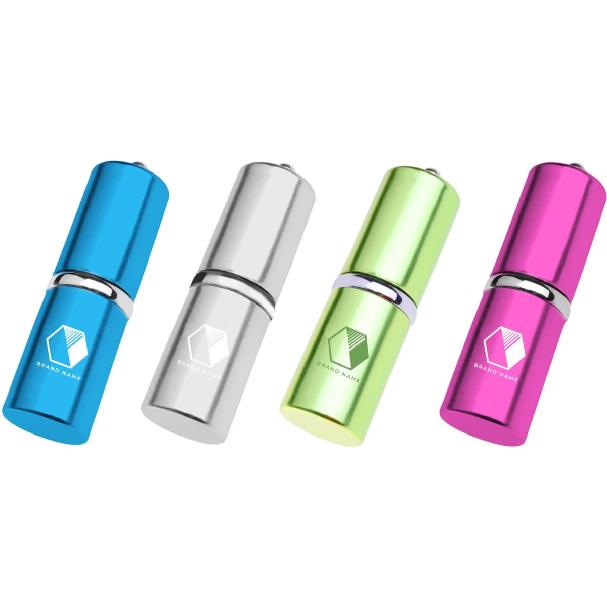 A collection of four lip balm flash drives in blue, silver, green, and pink, each featuring a logo.