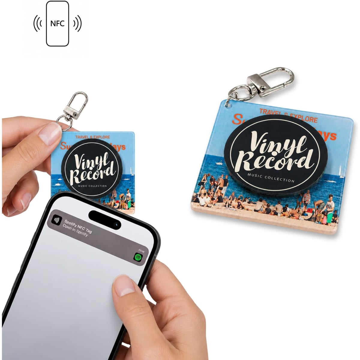 A square acrylic keychain with a vinyl record design, featuring a silver clip and an NFC symbol in the corner.
