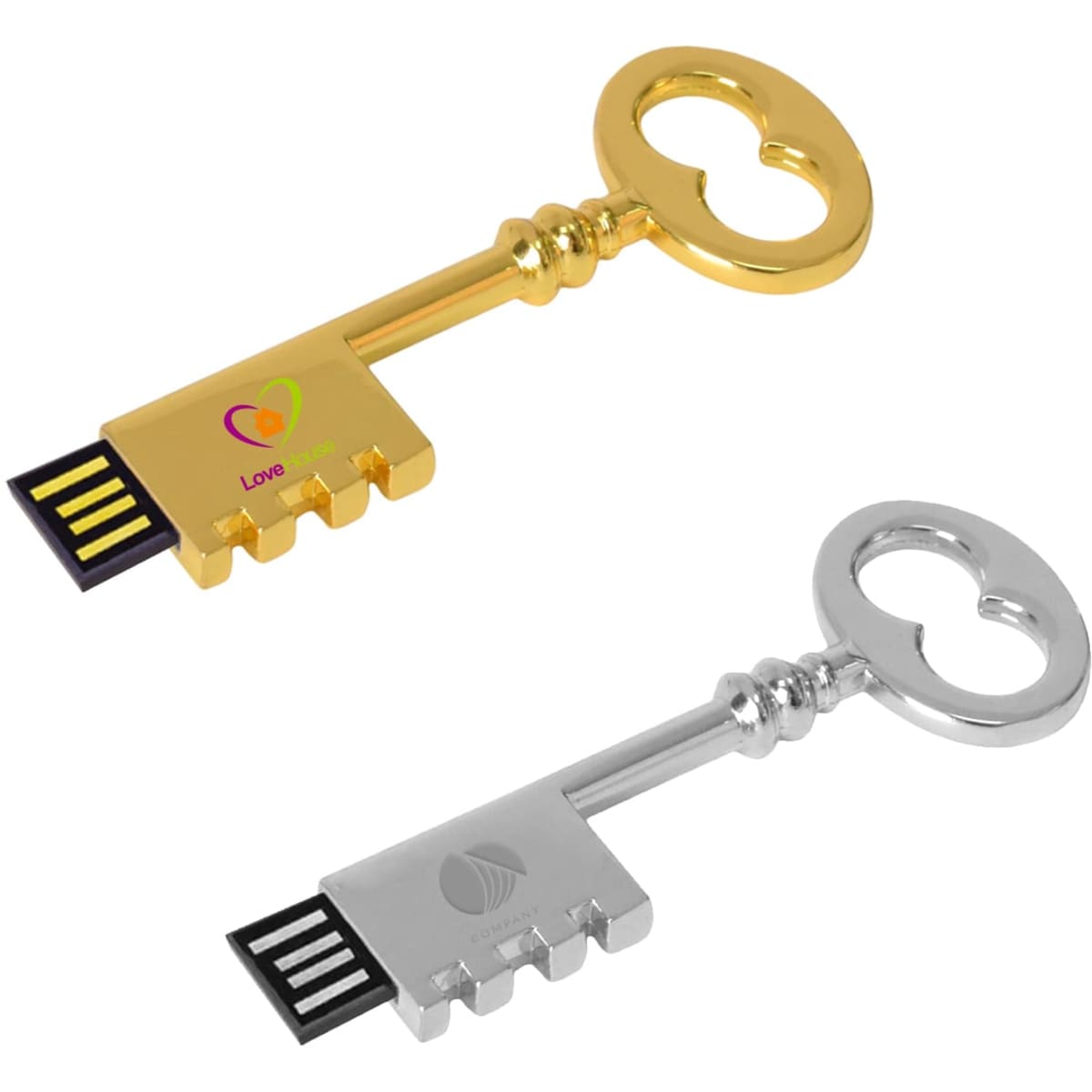 A gold and silver key-shaped flash drive with a logo, highlighting a retro design suitable for technology use.
