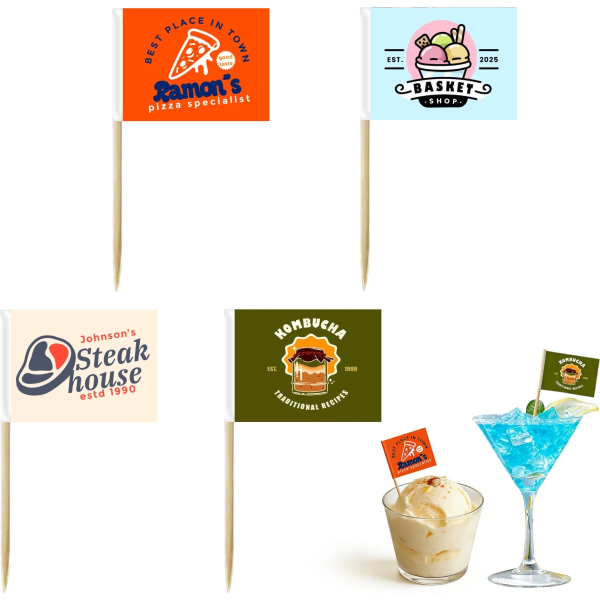A pack of 100 assorted label stick flags in various colours, featuring different logos and designs.
