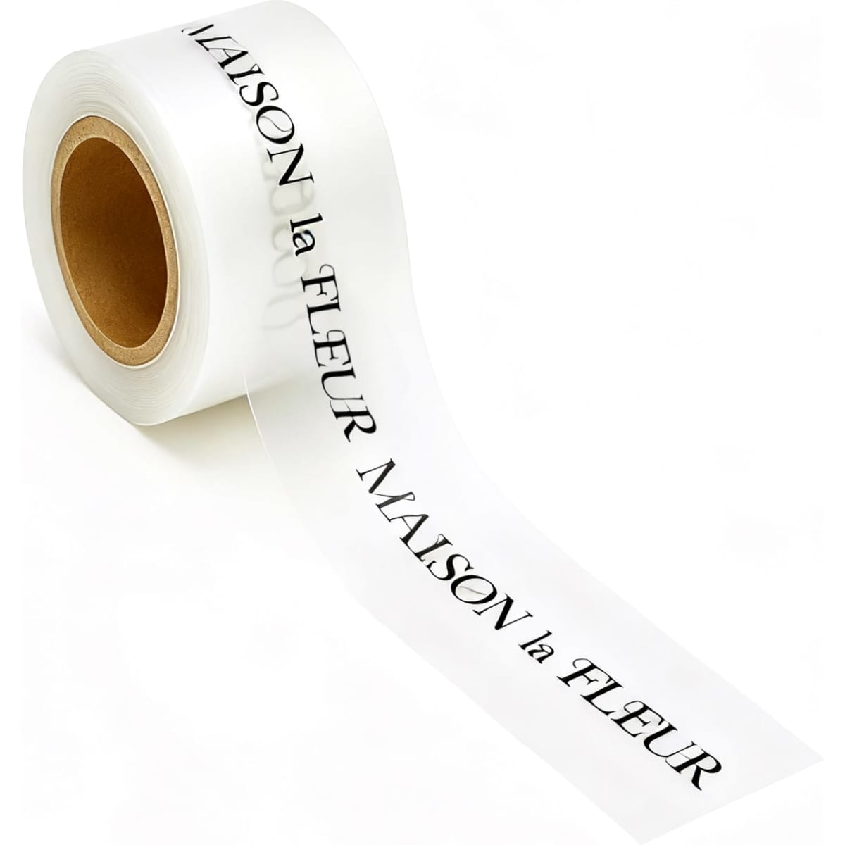 A roll of white screen printed TPU soft ribbon with black lettering, featuring a logo.