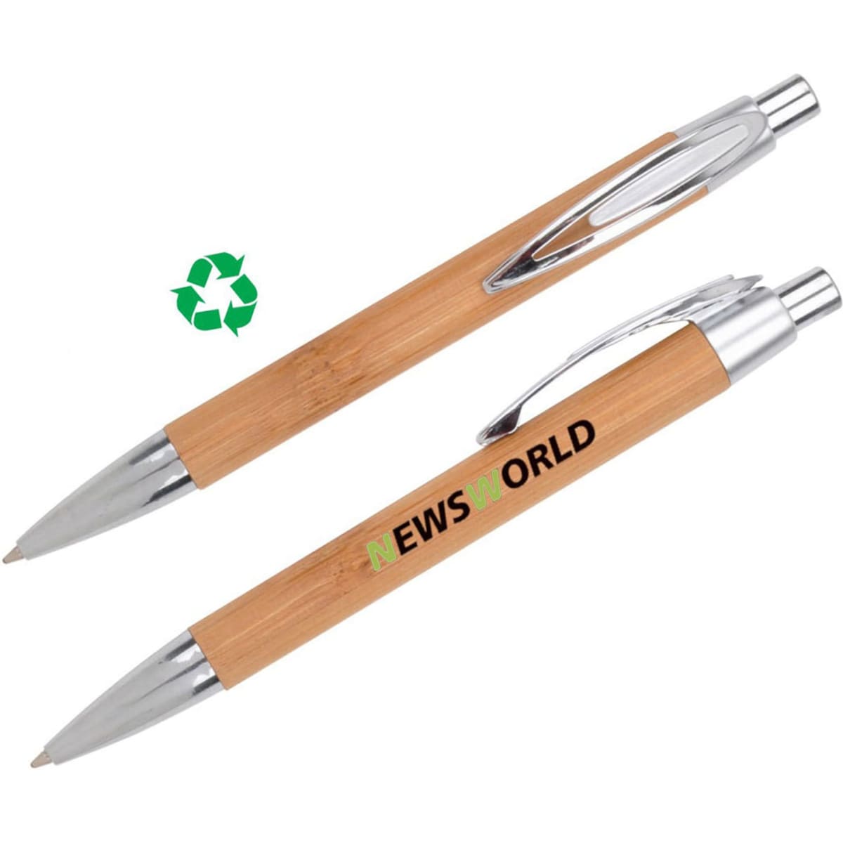 A bamboo click pen with silver accents and a logo, showcasing its eco-friendly design.