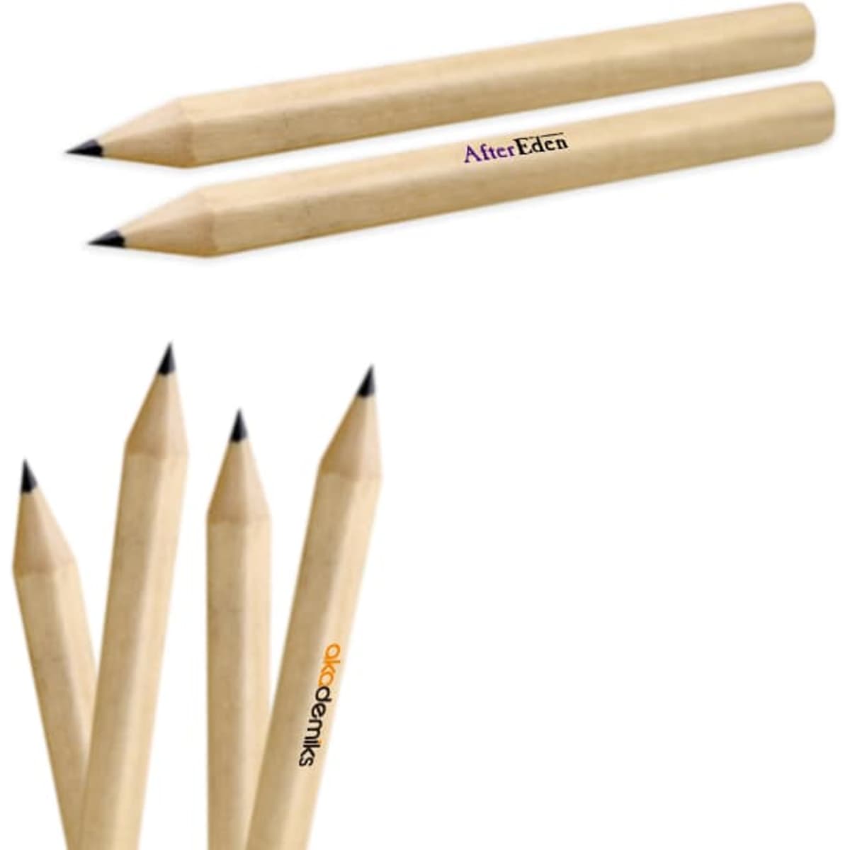 Two short grey-lead pencils without erasers, made of natural wood, featuring branding on the sides.