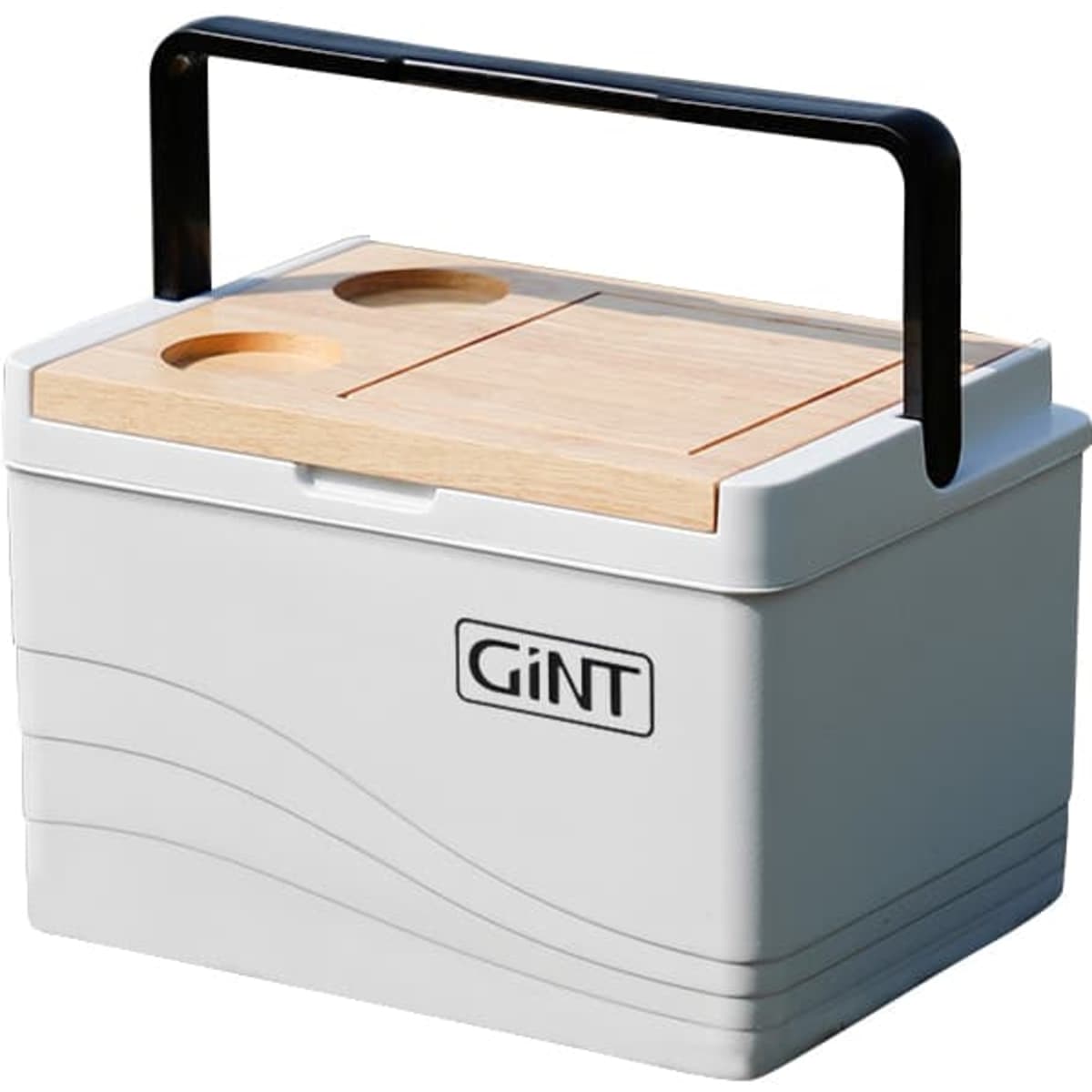A white cooler box with a wooden lid and black handle, featuring two circular cut-outs on the top. It has a logo.