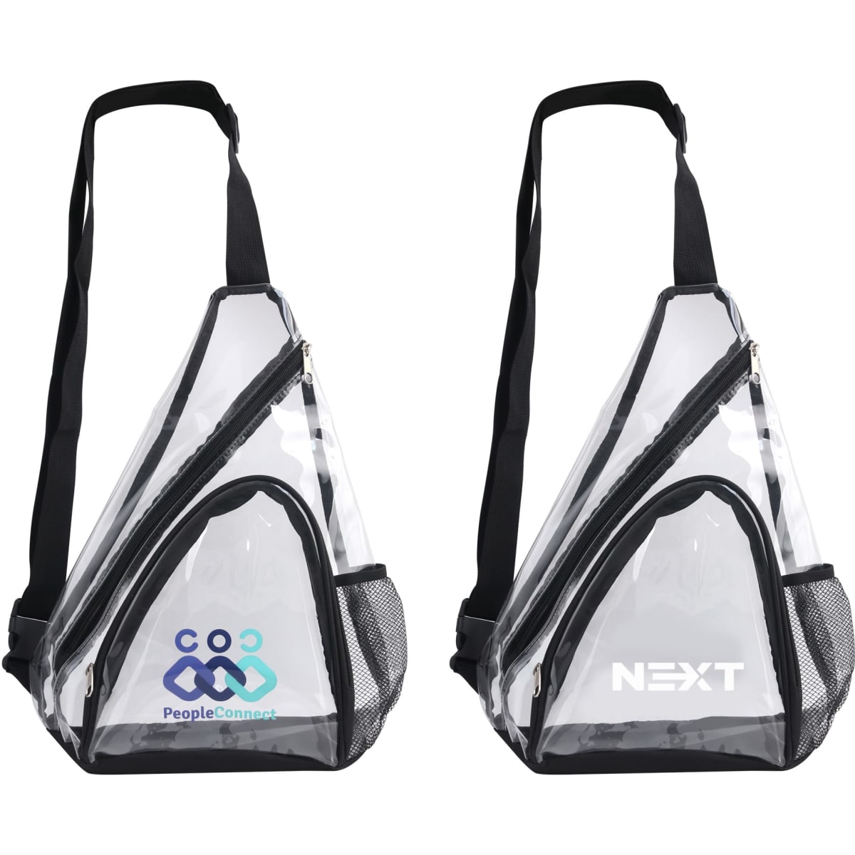 A clear PVC sling bag with black accents and mesh detailing, featuring two different logos on either side.