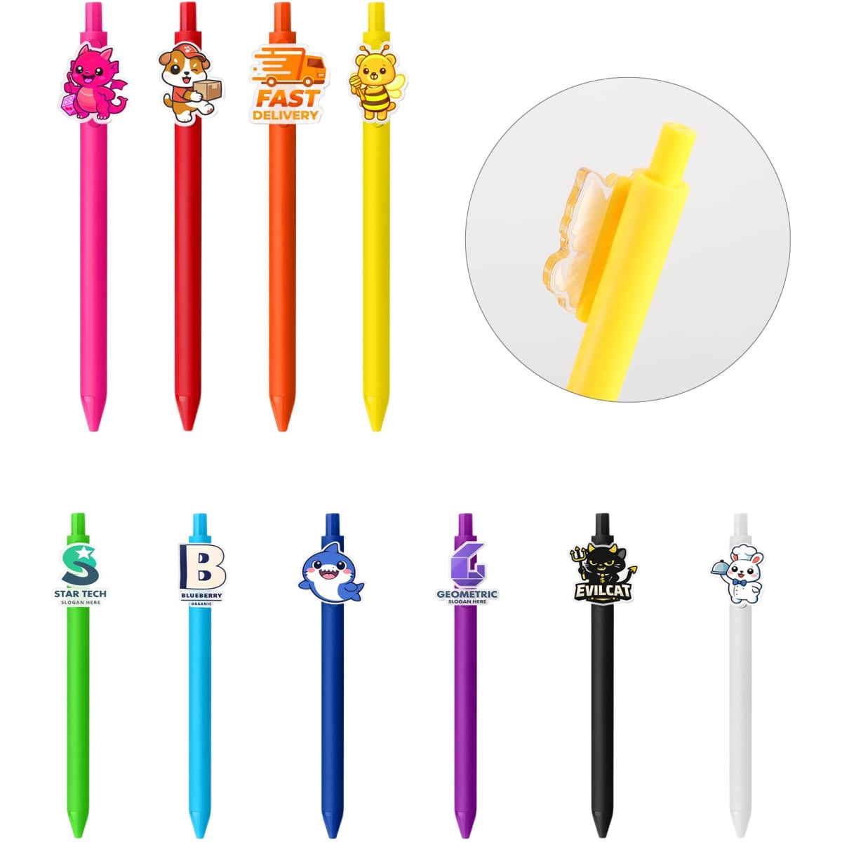 A set of colourful custom acrylic pens in various hues with character attachments, including pink, orange, yellow, black, and white.