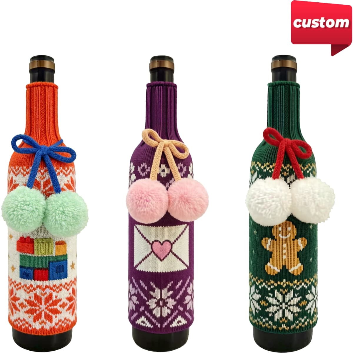 A drink bottle sleeve trio in festive designs, featuring red, purple, and green knitted patterns with pom-poms.