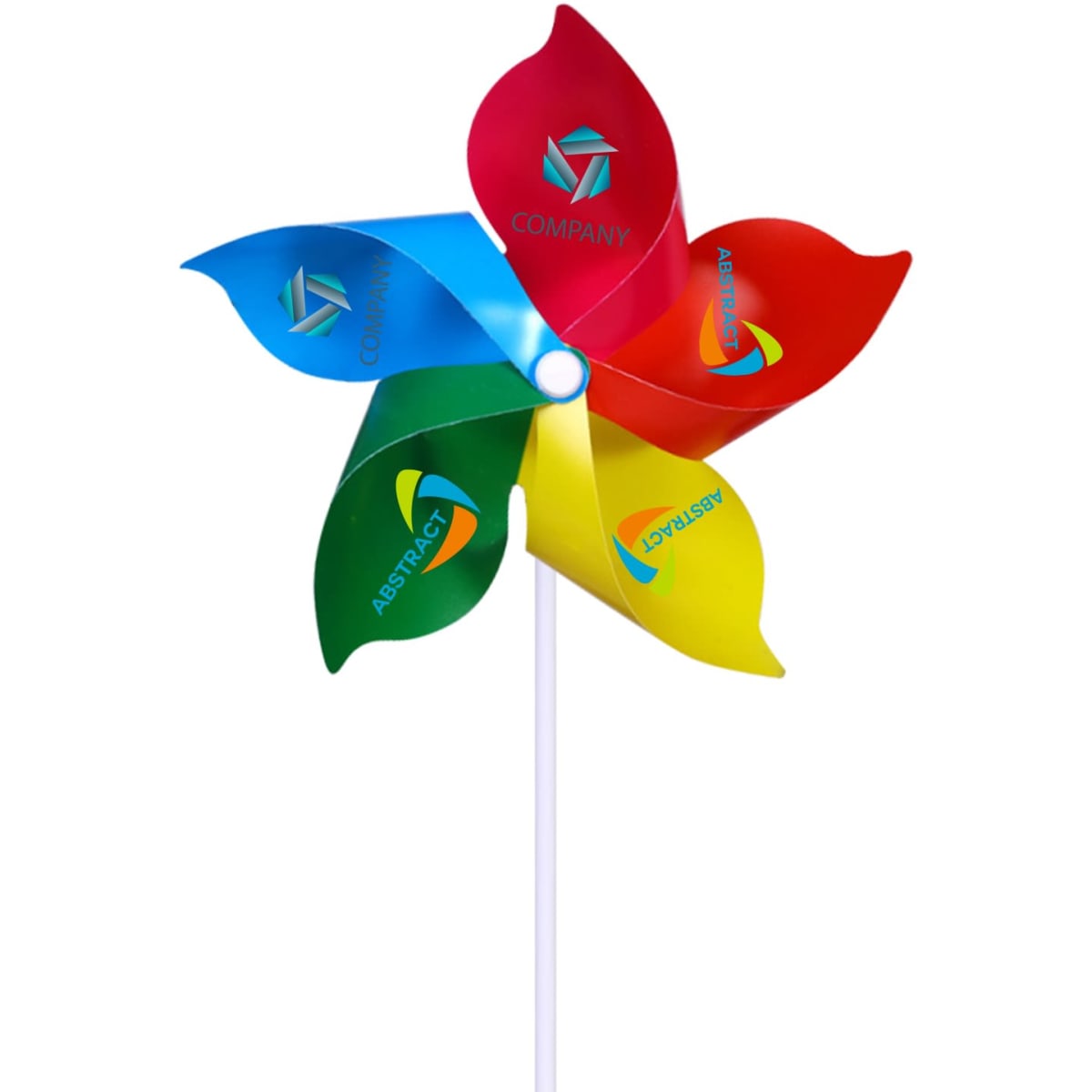 A colourful five-leaf pinwheel featuring red, blue, green, and yellow blades, mounted on a white stick.