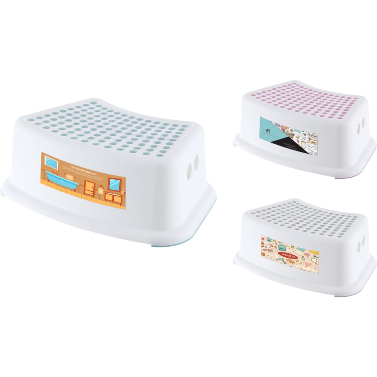 A white step stool with a textured surface, featuring pink and blue accents and various decorative designs.