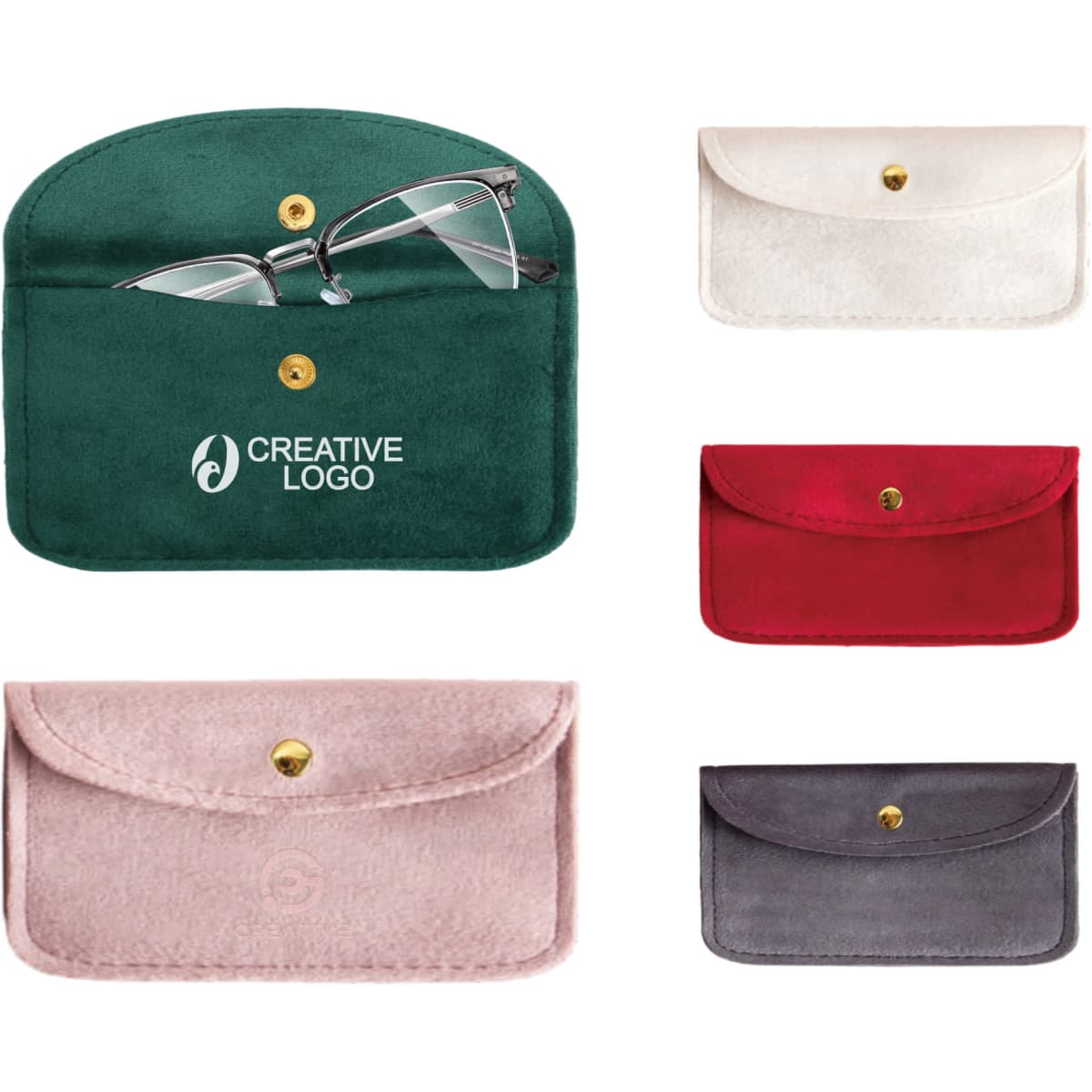 A collection of velvet glasses pouches in green, white, pink, red, and grey, featuring a logo on one pouch.