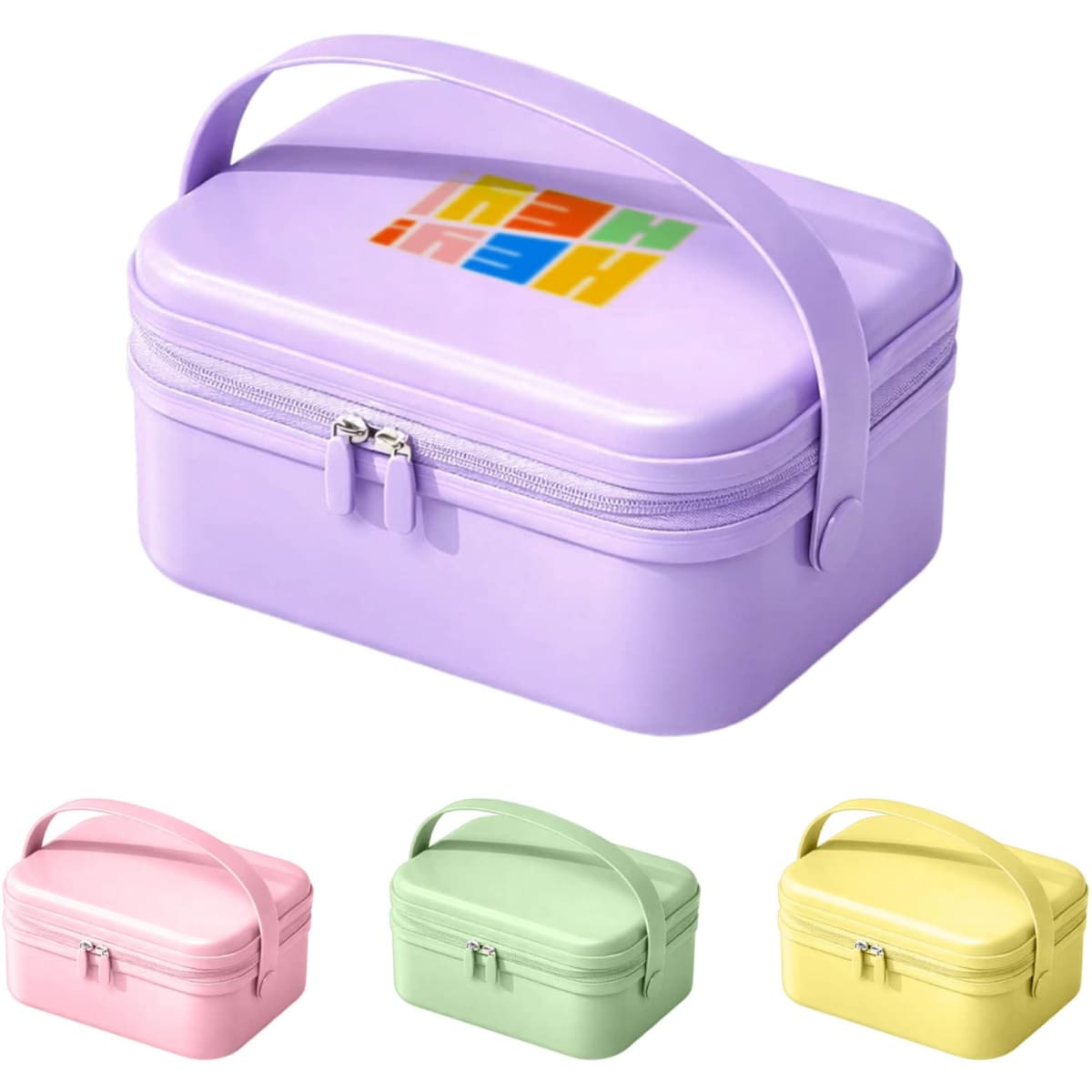 A portable mini suitcase in light purple with a handle, accompanied by pink, green, and yellow variants. Features a logo.