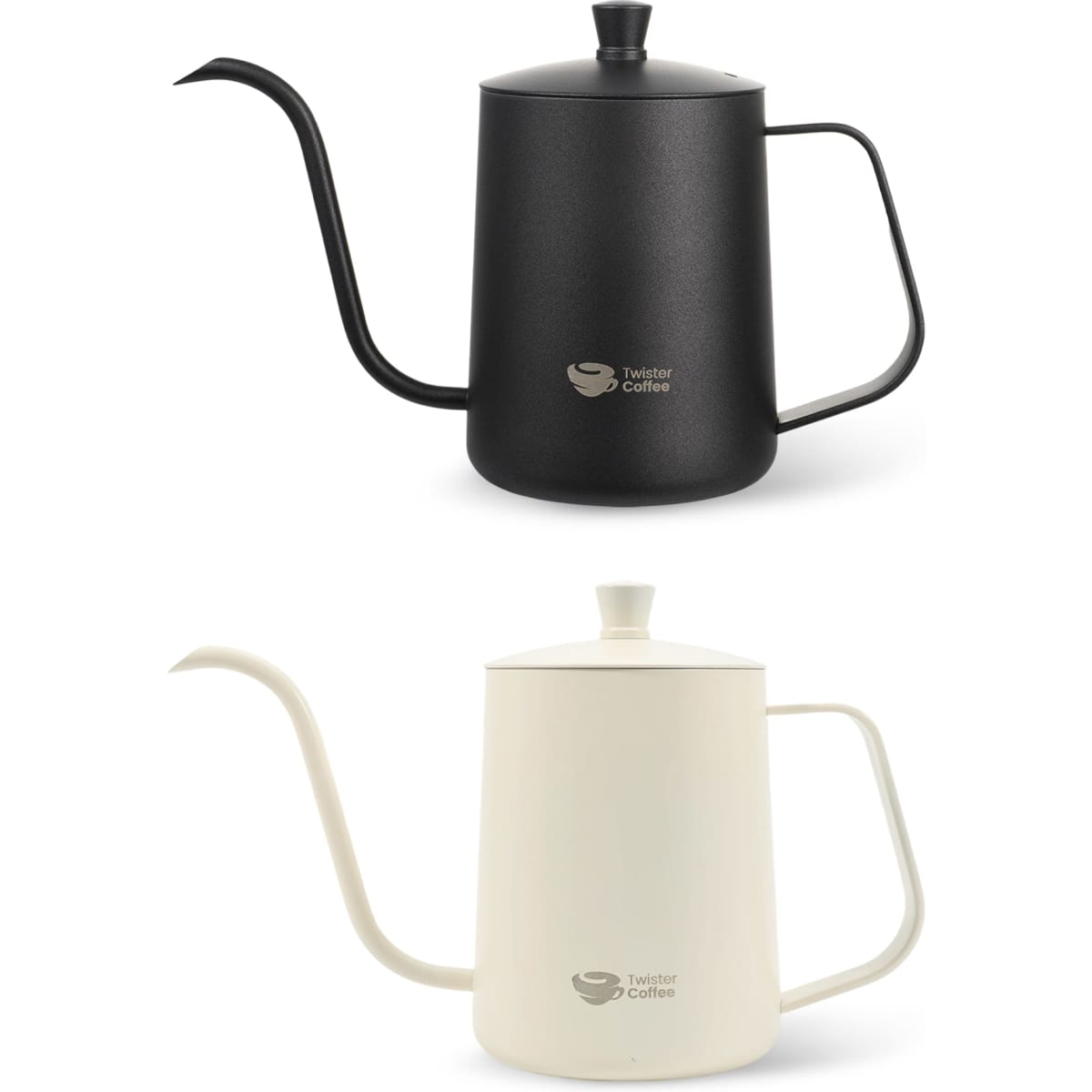 A stainless steel pour over kettle in matte black and cream, each featuring a logo.
