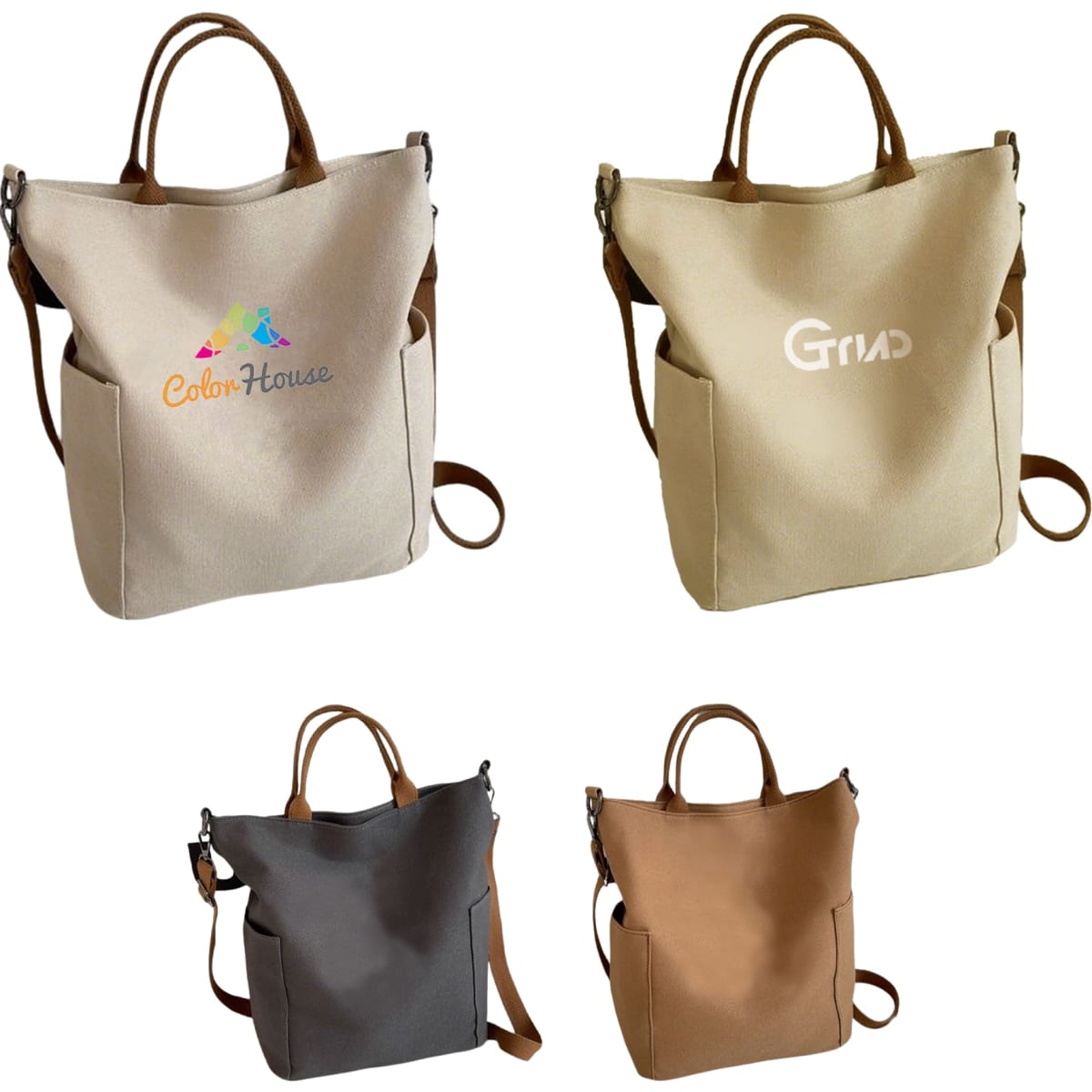 A vintage style canvas bag in beige, grey, and brown with leather handles and a logo on each.