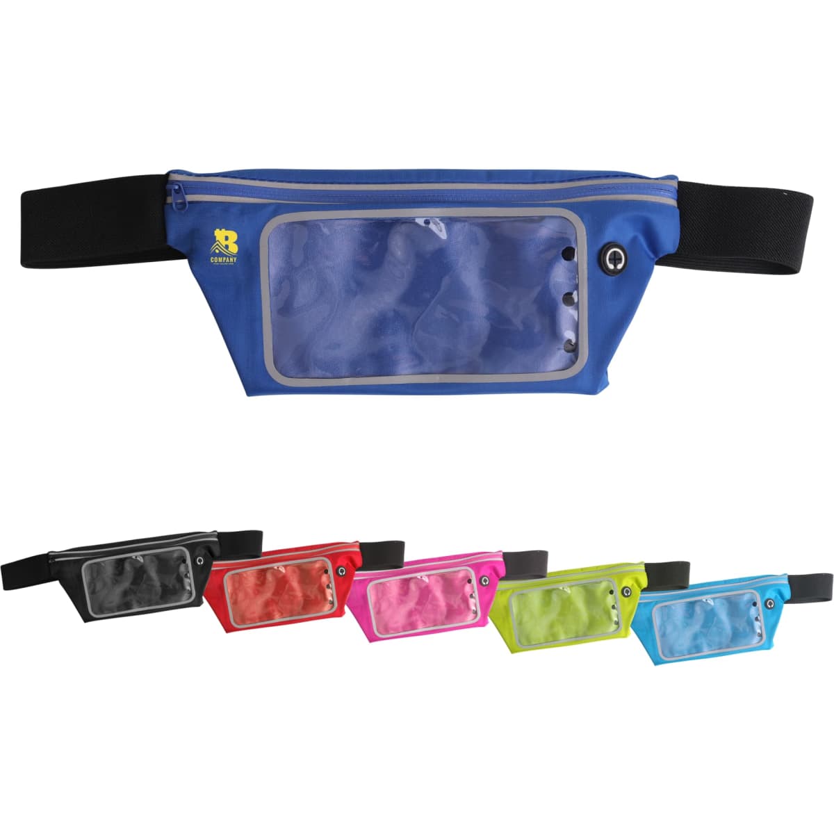 A blue waist bag with a transparent front pocket, accompanied by red, pink, black, and green variations. Features a logo.