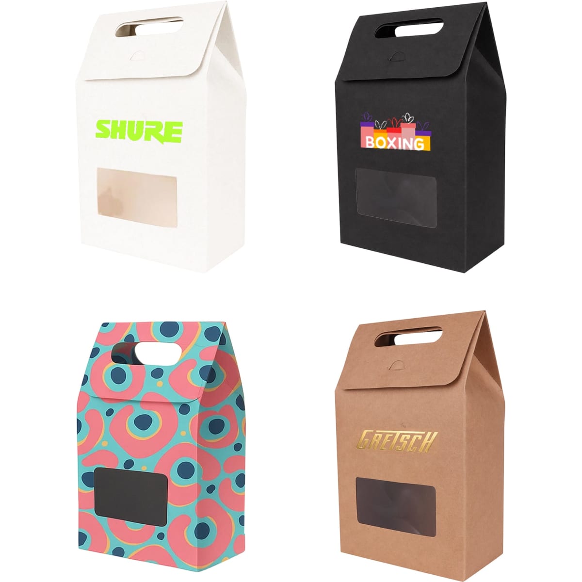 Die cut handle bags in white, black, brown, and patterned designs featuring clear windows and various logos.