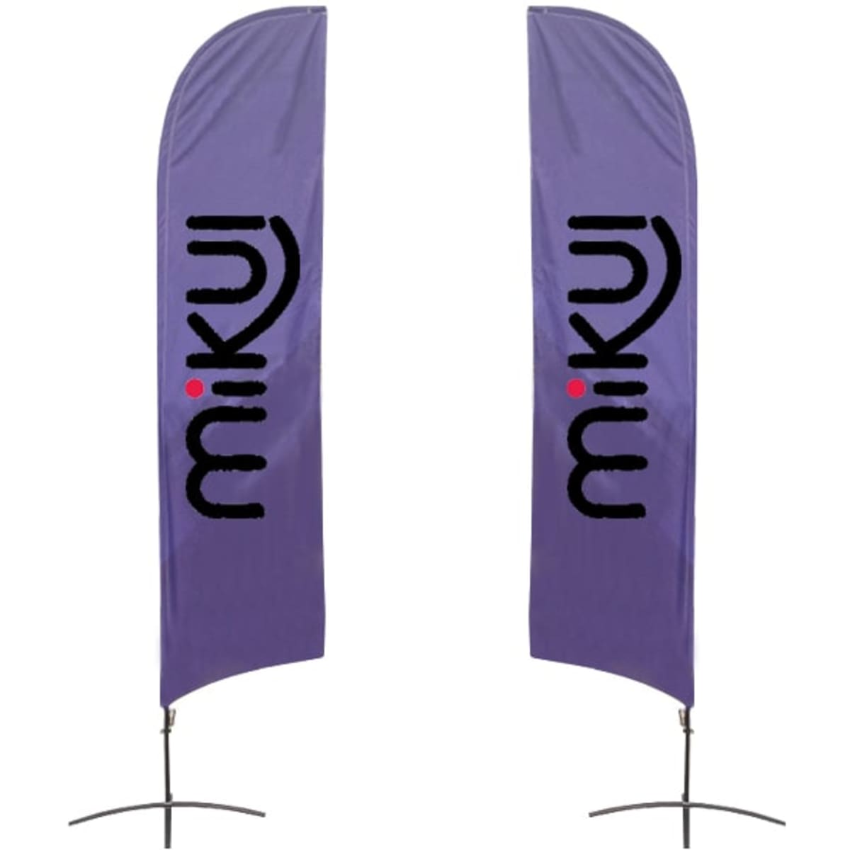 Two angled feather banners in purple, featuring a logo at the base. Each banner measures 70.4 x 300 cm.