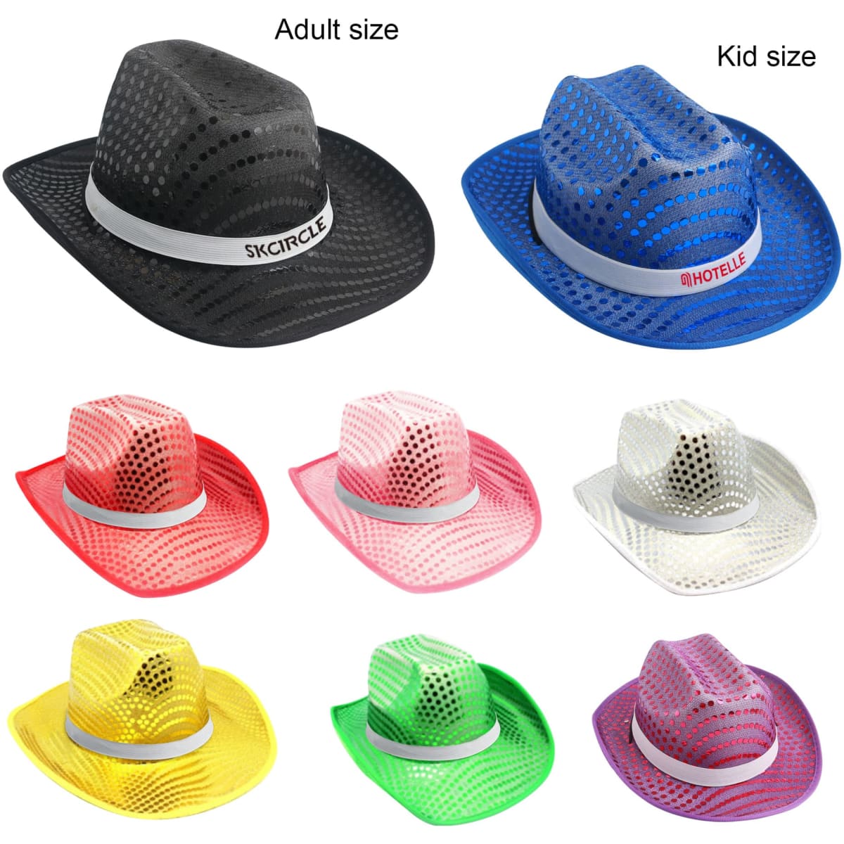 A variety of sequin cowboy hats in black, blue, red, pink, white, and yellow, featuring adult and kid sizes.
