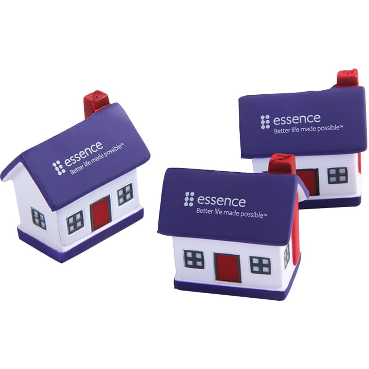 Three house-shaped stress relievers in purple, white, and red, featuring a logo on each.