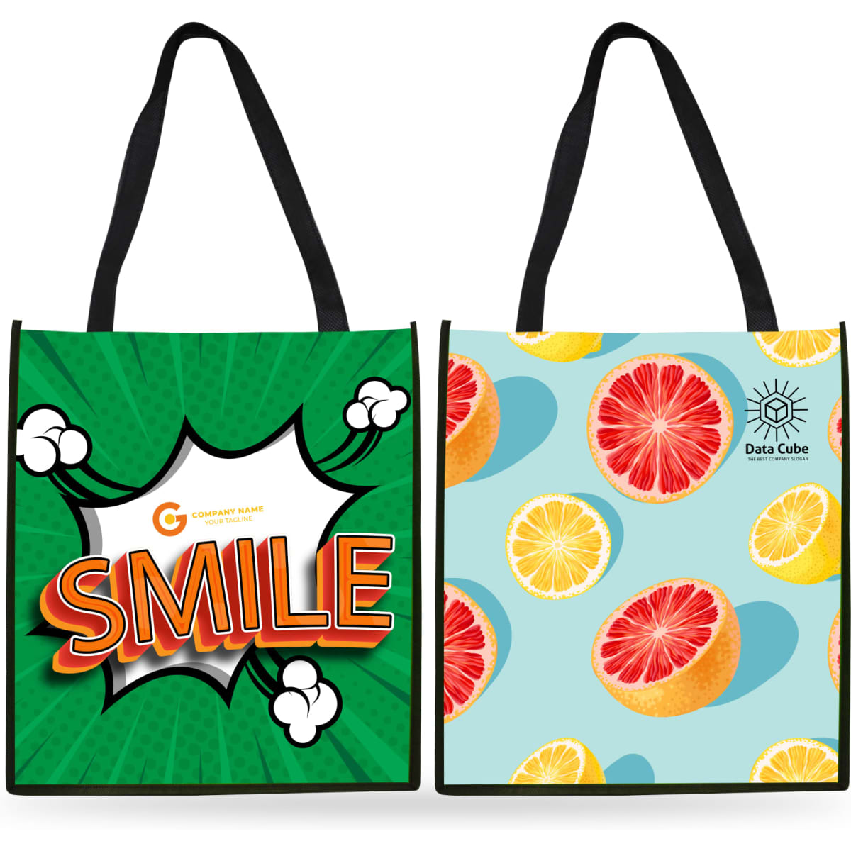 A tall non-woven tote bag featuring a bold green design with a playful "SMILE" and a fruit pattern on the reverse.