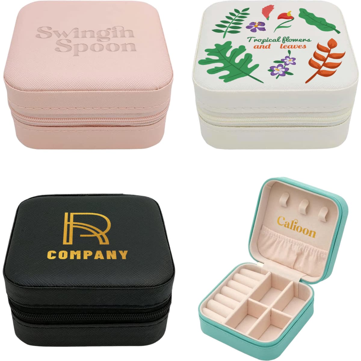 A collection of PU leather jewellery boxes in pink, white with a floral design, black with gold branding, and teal inside.