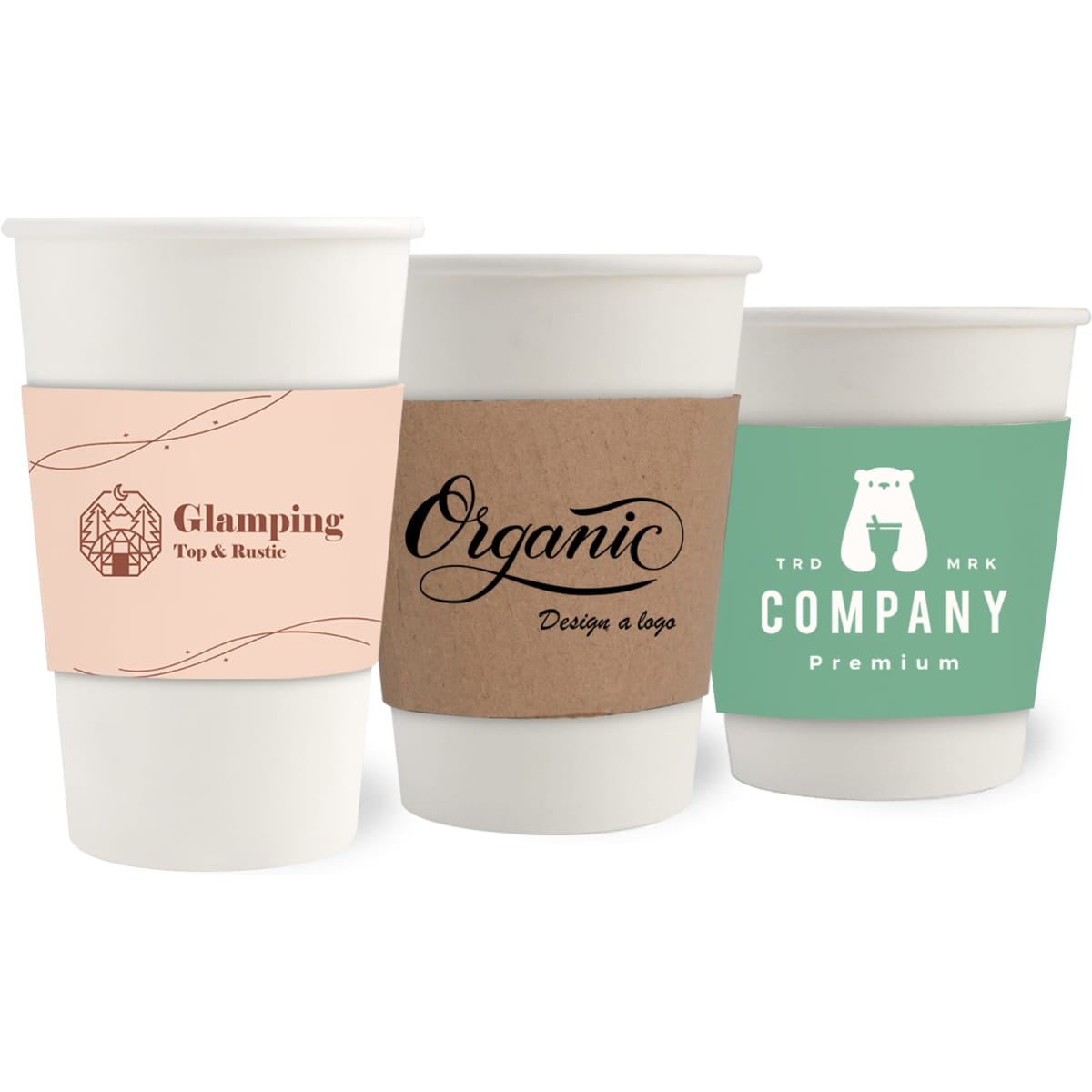 Three white paper cups with different designs, featuring kraft and peach cup sleeves, showcasing logos.