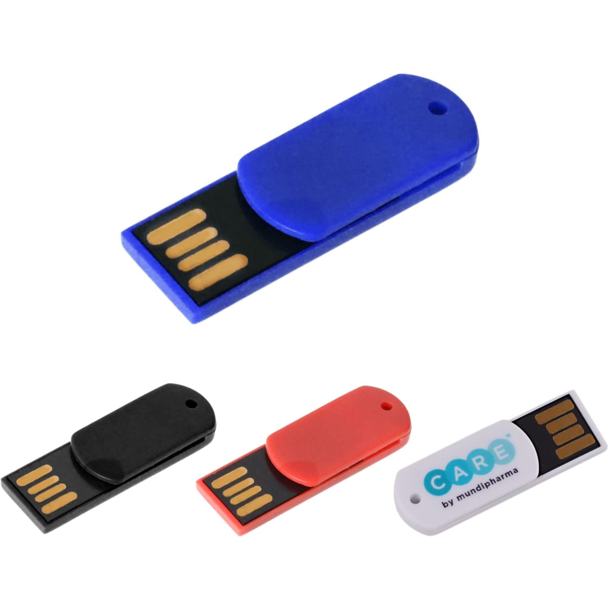 A collection of paper clip flash drives in blue, black, red, and white, featuring a logo on one model.