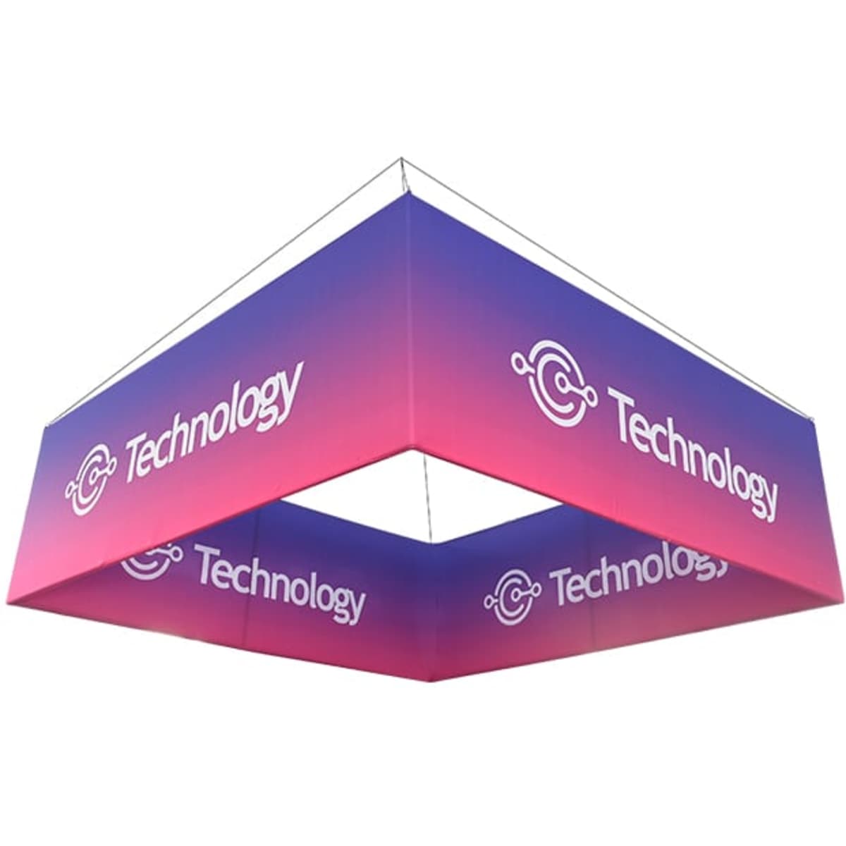 A square hanging banner in gradient pink and purple, featuring a logo and the word "Technology".