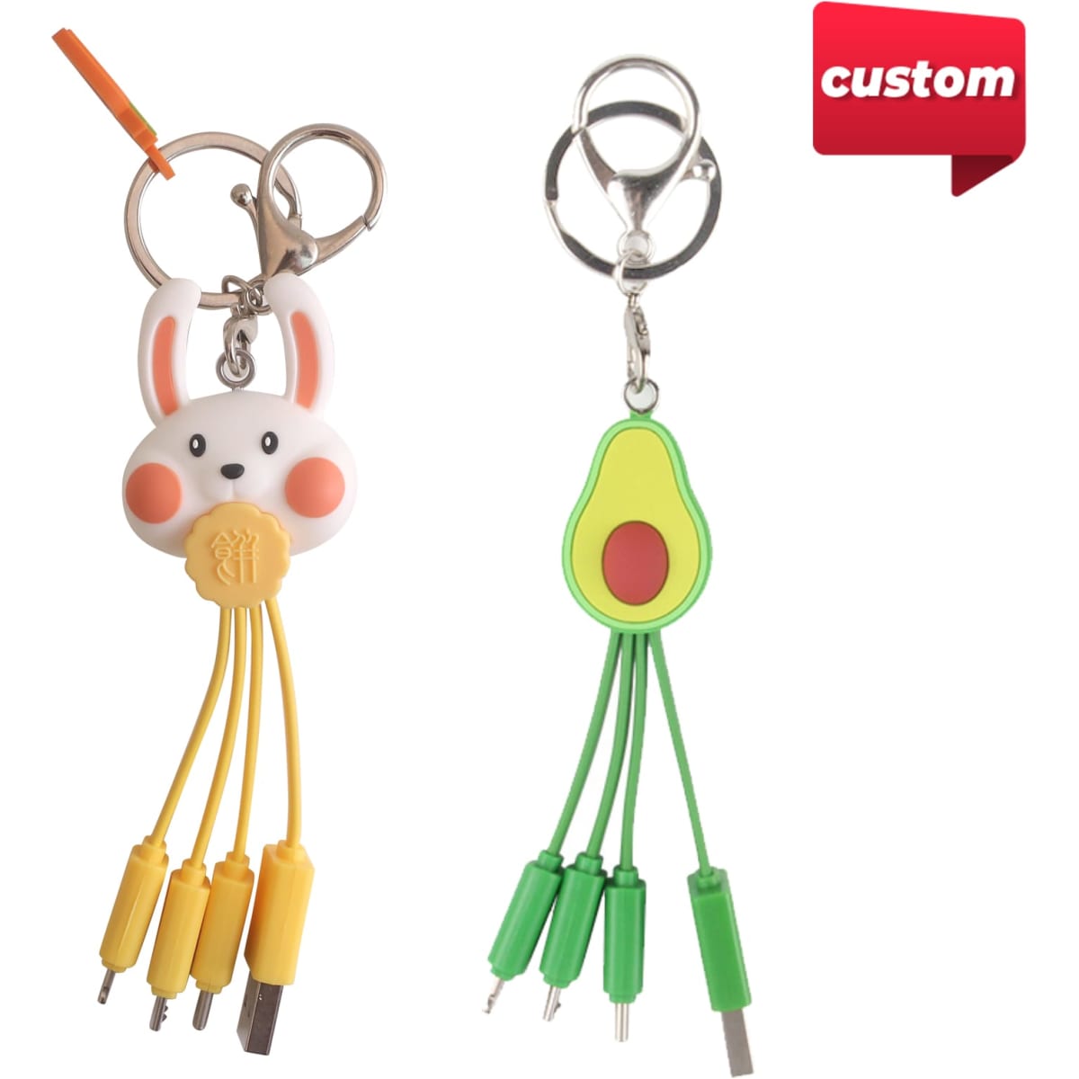 A custom-shaped PVC charging cable with a bunny keyring and an avocado keyring, featuring yellow and green colours.