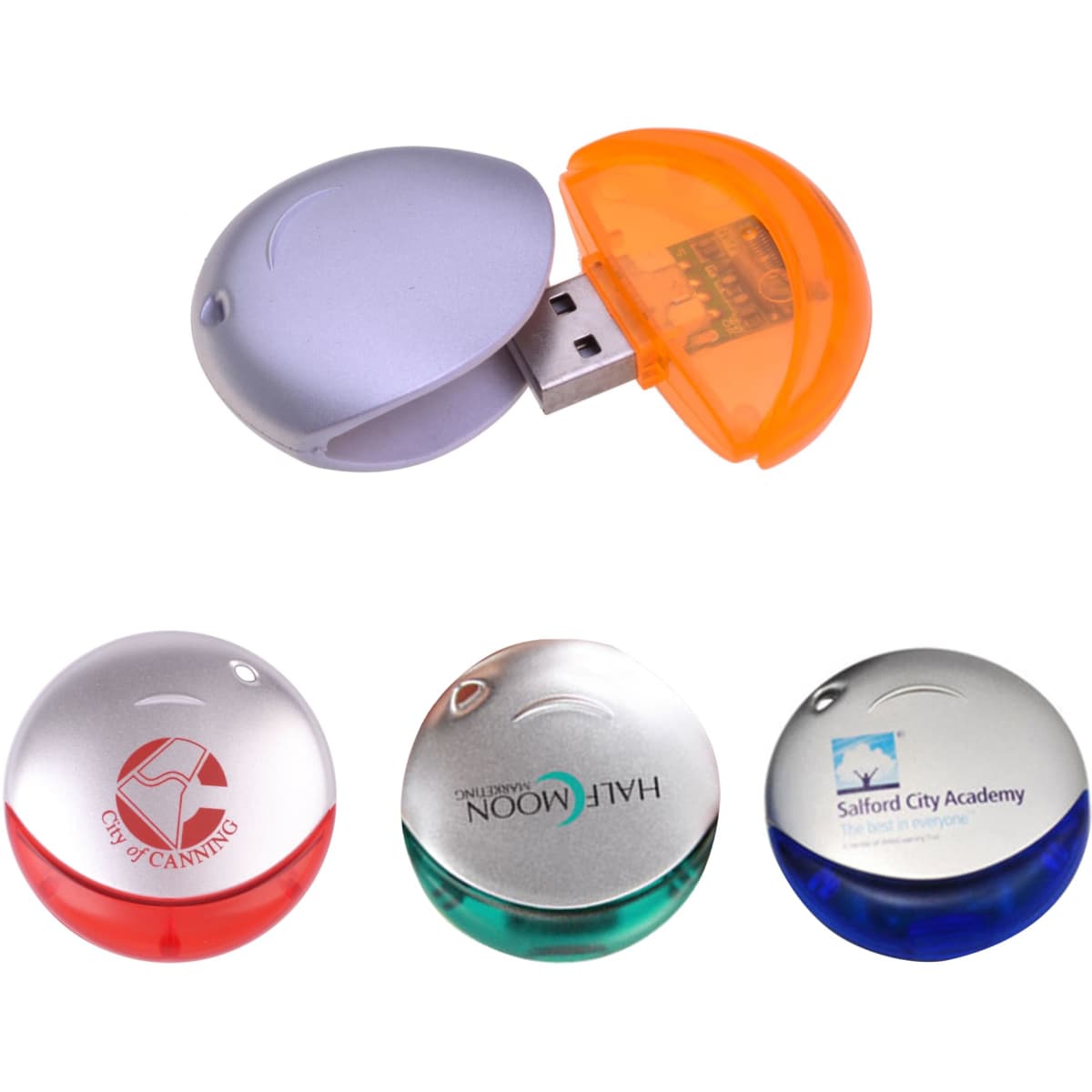 A collection of round flash drives in silver, orange, red, green, and blue, featuring branding on their surfaces.