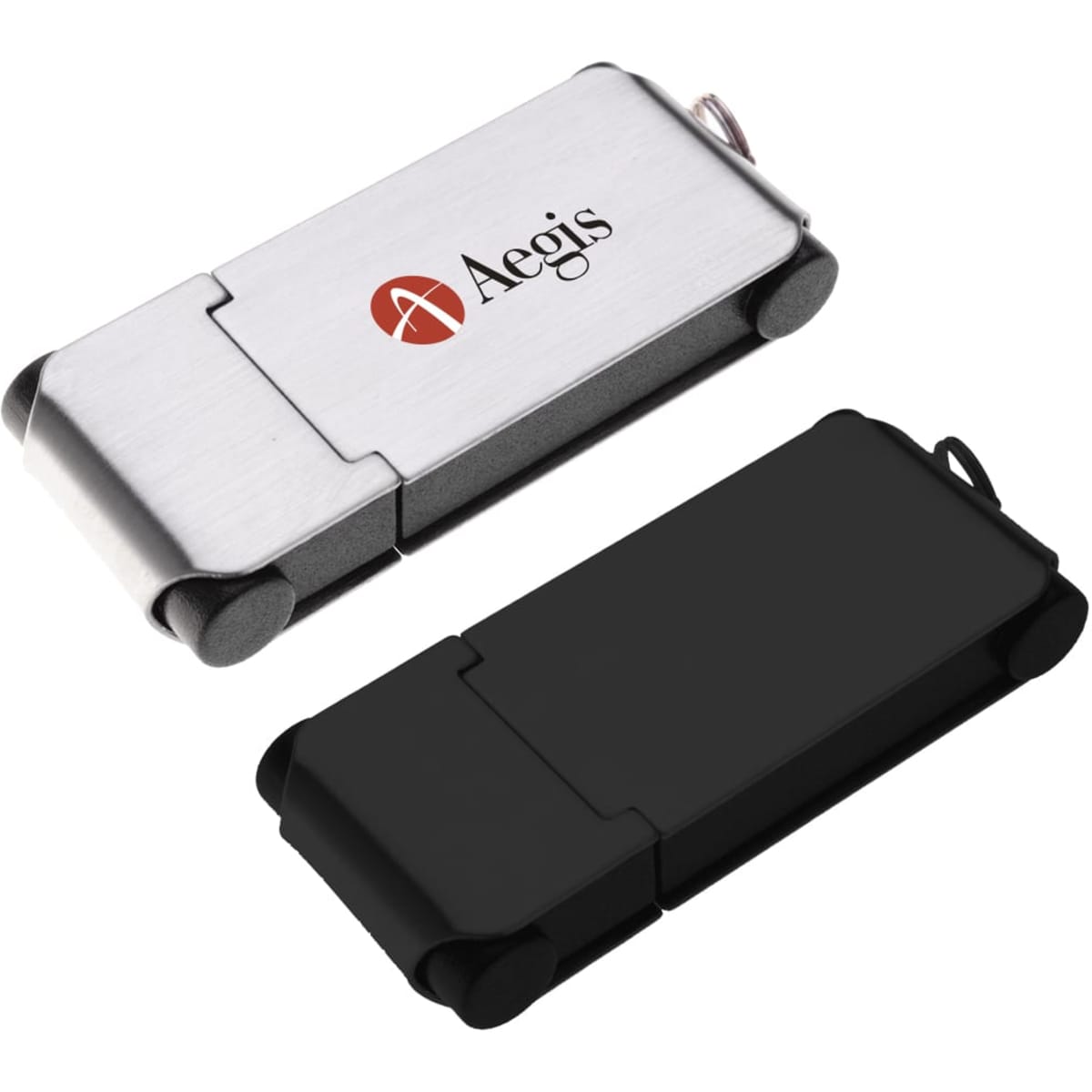 A silver and black Echo Flash Drive featuring a logo, designed for storage and transfer of data.