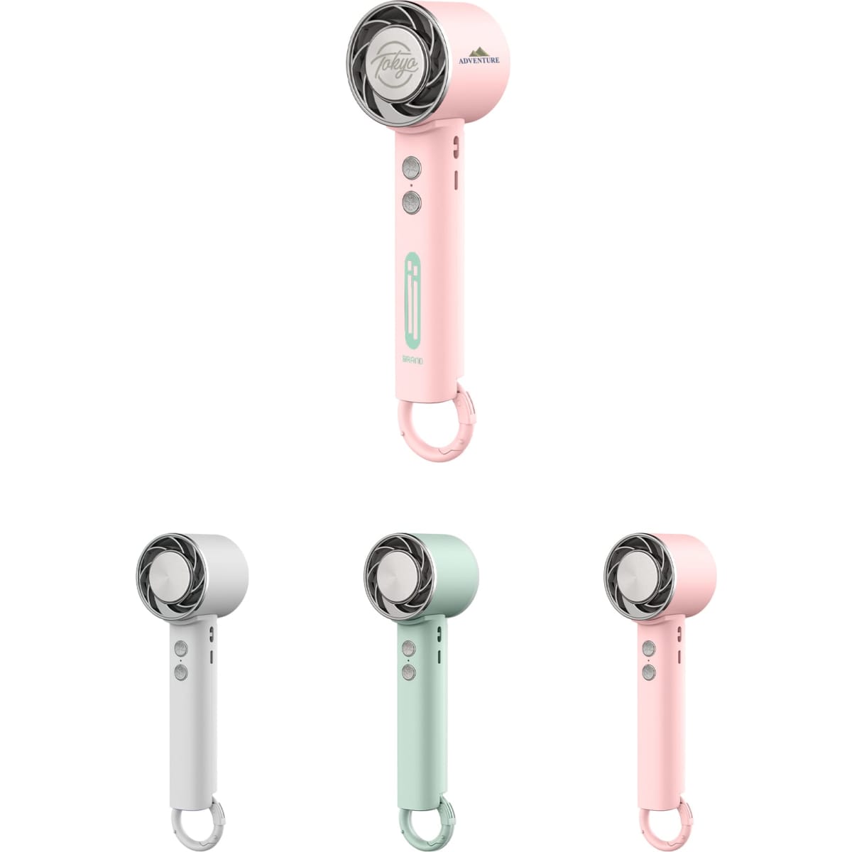 A personal cooling fan in pink, mint green, white, and grey, featuring a logo on the handle.