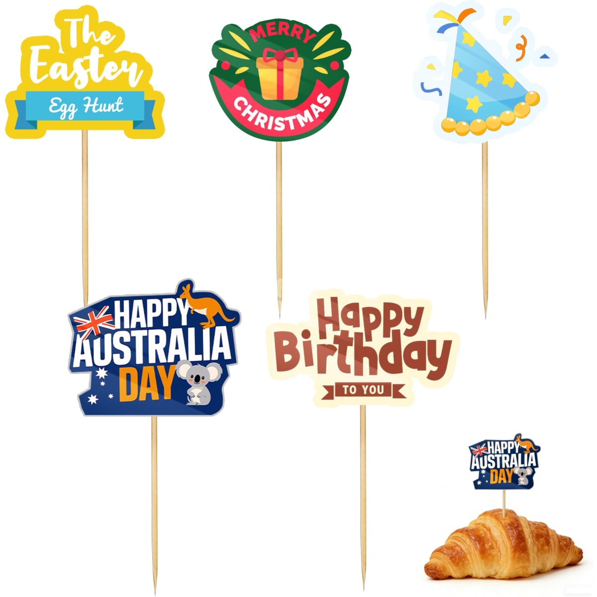 A pack of 100 custom sticker toothpicks featuring colourful designs for various celebrations, including birthdays and holidays.