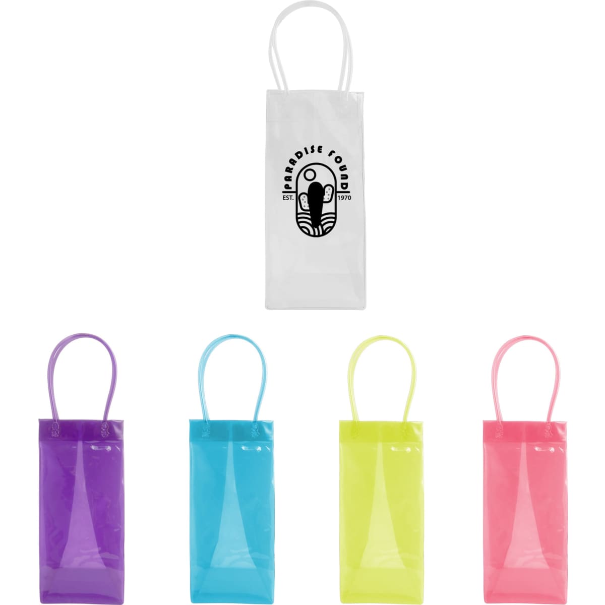 A PVC clear tote bag in white, purple, blue, yellow, and pink, with a logo on the white bag.