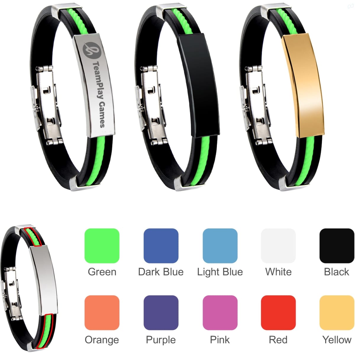 A collection of Glide Lock Clasp Colour Silica Bracelets in various colours including green, red, and purple, with metallic clasps.