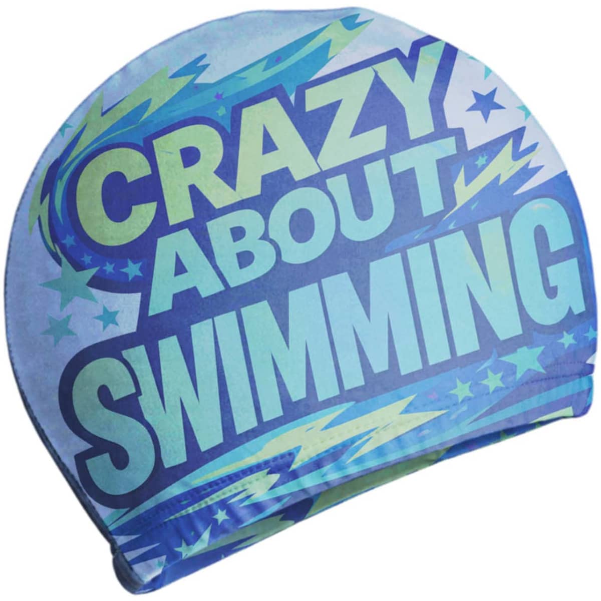 A full-colour polyester swimming cap in blue shades with a pattern of stars and lightning, featuring fun text and a logo.