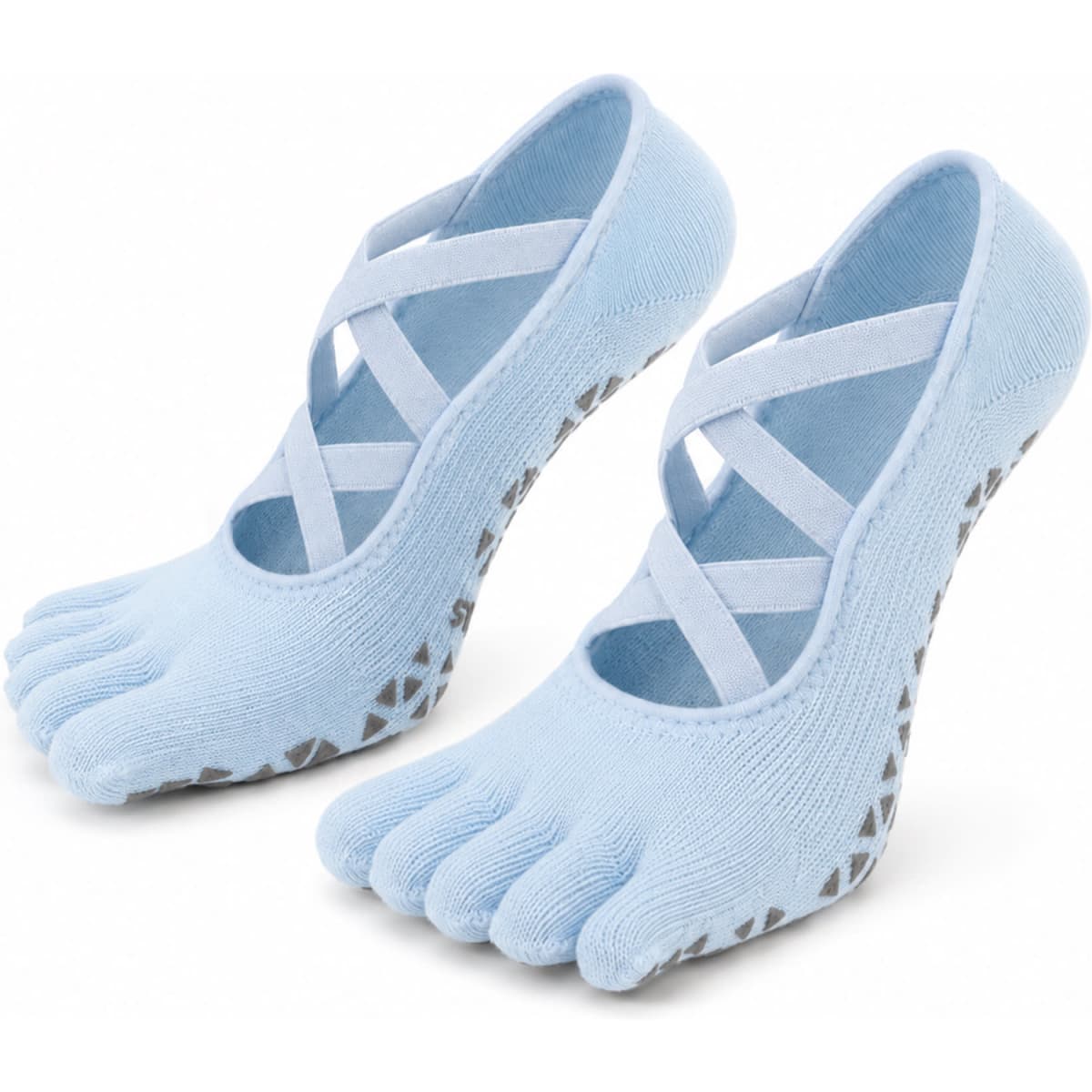 Blue yoga toe socks with crisscross straps and textured grip on the soles. The product has a distinctive toe design.