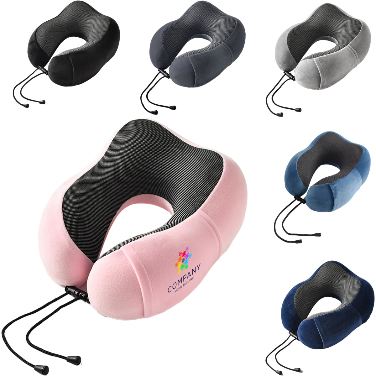 A collection of U-shaped travel pillows in black, grey, pink, navy, and blue, featuring a soft, textured fabric and a logo.