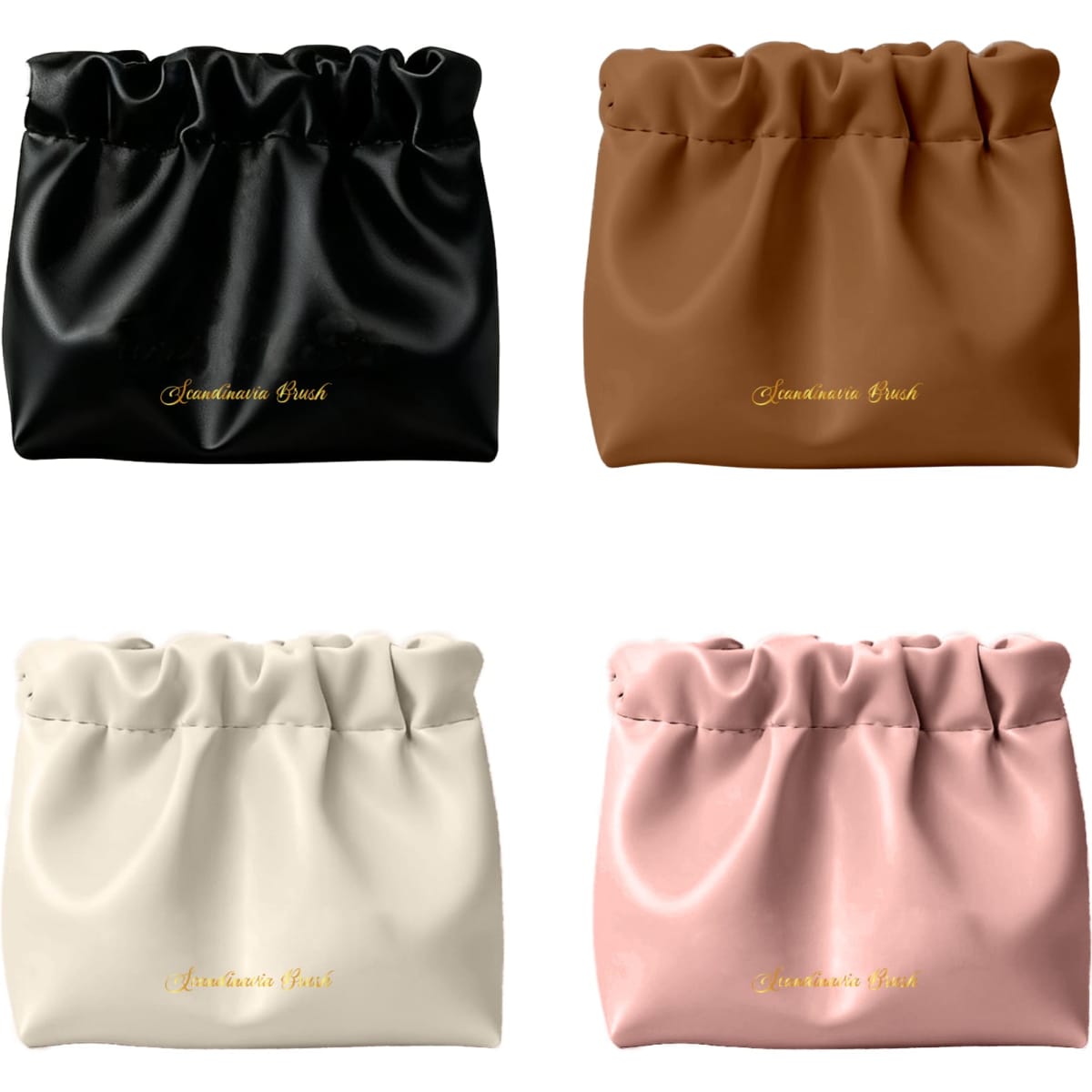 A selection of four Zipperless Portable Makeup Bags in black, brown, white, and pink, featuring a gathered design.