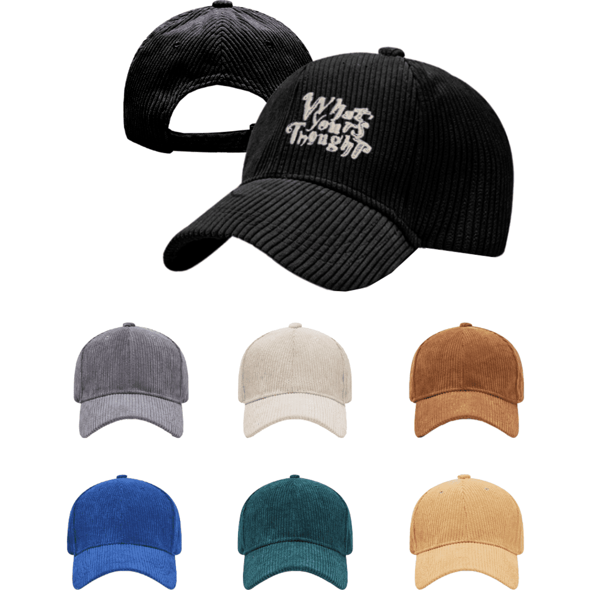 A corduroy baseball cap featuring a logo, available in black, grey, beige, brown, blue, green, and yellow.