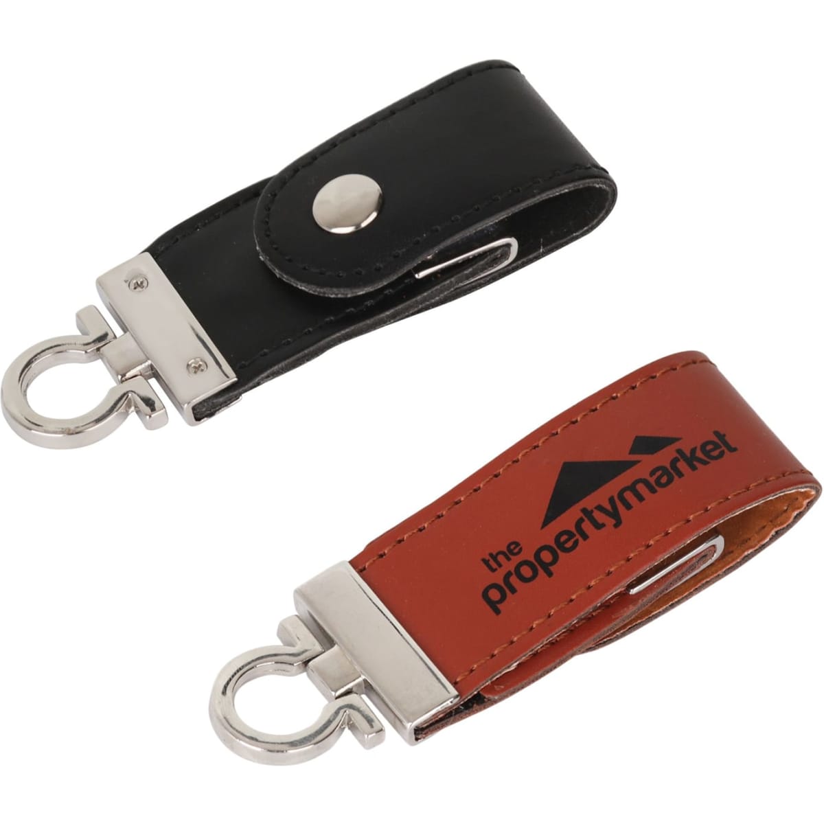 A black and brown keyring with a metallic clip and branding on one side. Both feature a secure snap fastener.