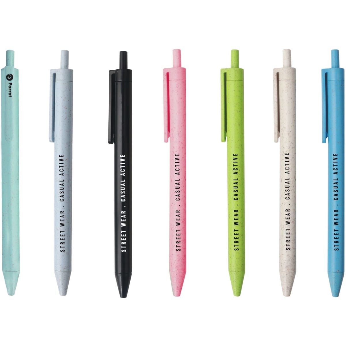 A collection of ballpoint pens in pastel blue, black, pink, and green, made from wheat straw. Each pen features a clip and branding.