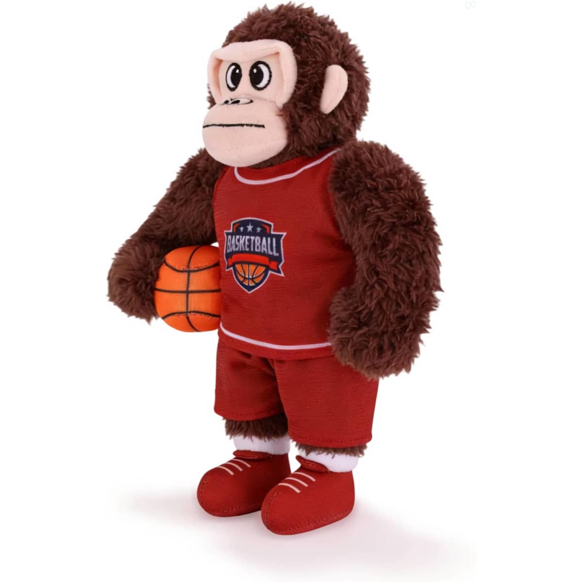 A brown plush toy in a red basketball uniform, holding a basketball, featuring a logo on the outfit.