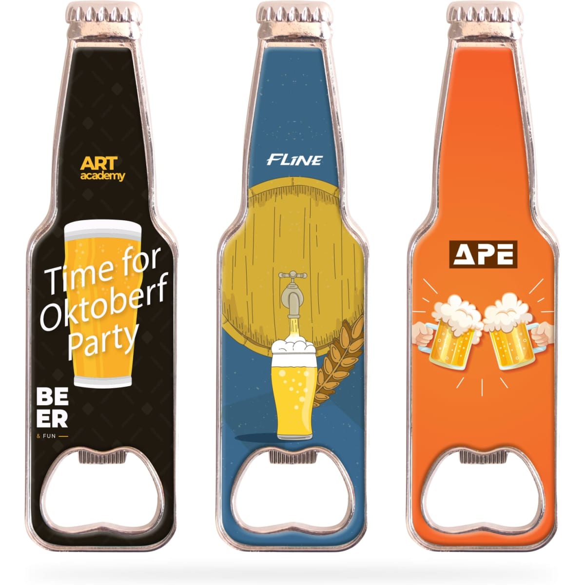 A drink bottle-shaped opener fridge magnet in various colours, featuring illustrations and a logo on each.