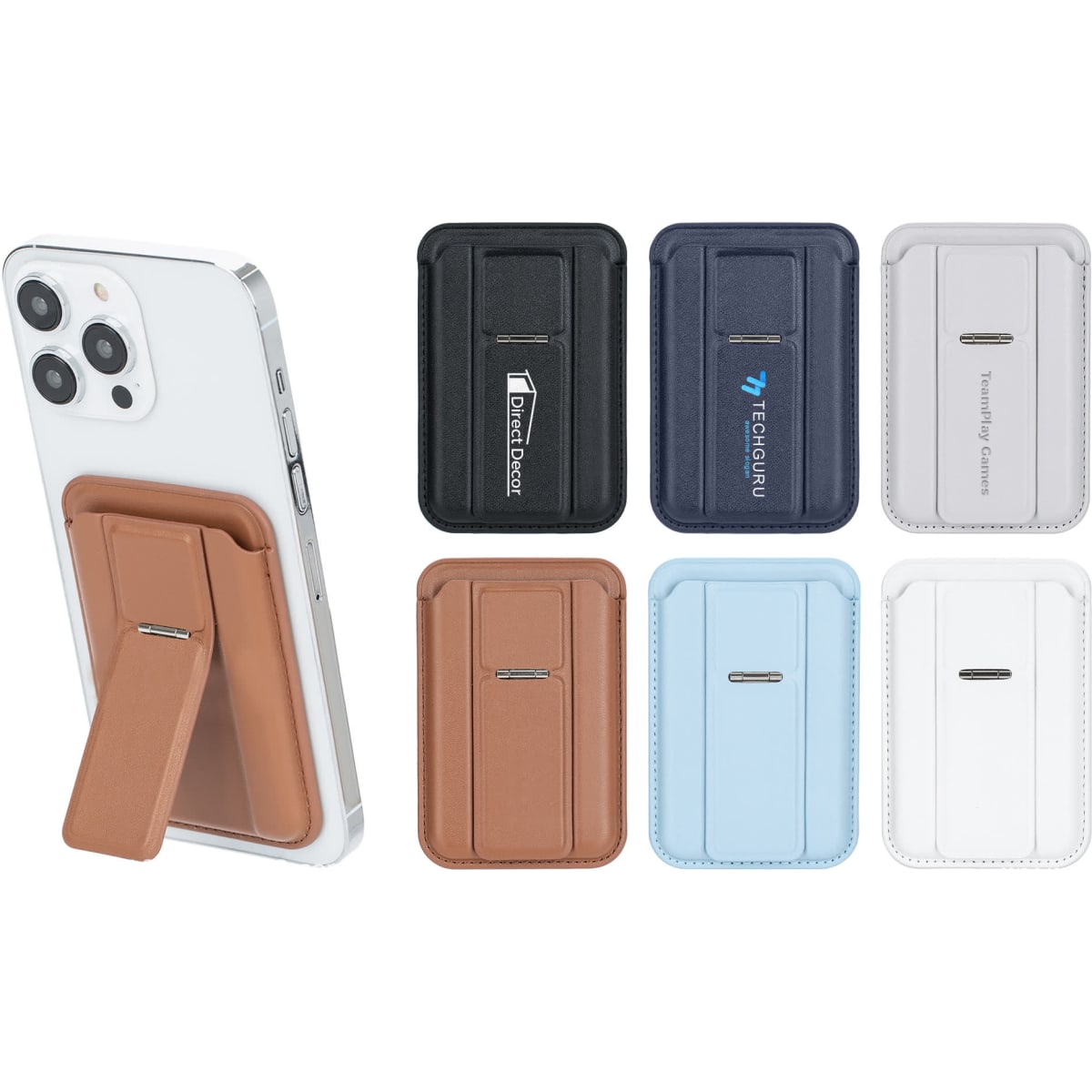 A PU magnetic card holder with a phone stand, available in various colours including brown, black, navy, and light blue.