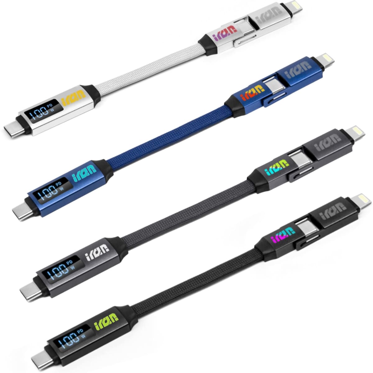 A set of four 100W 3-In-1 aluminium charging cables in white, blue, black, and grey, featuring digital displays.