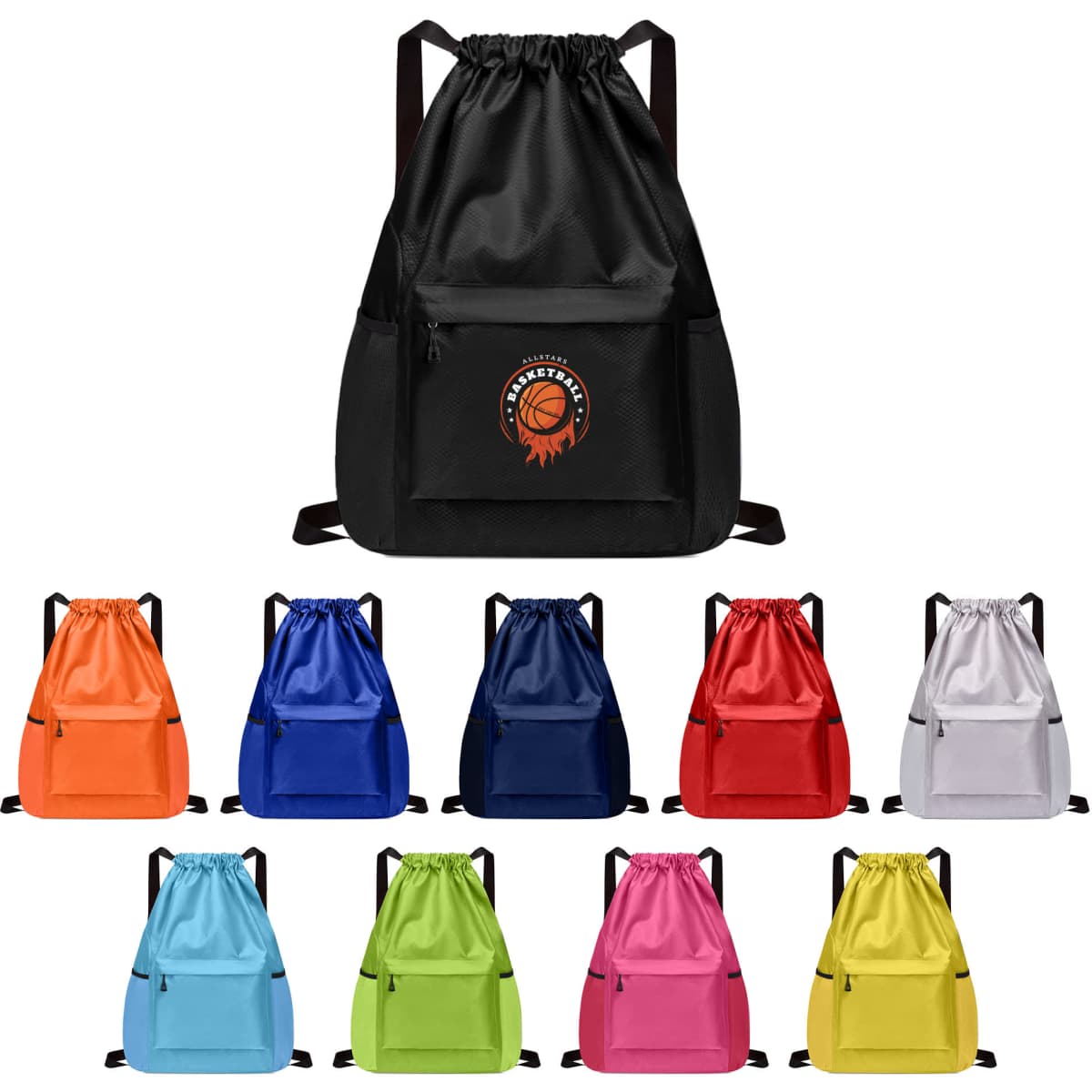 A multi-pocket drawstring backpack available in black, blue, navy, red, pink, green, yellow, and white, featuring a logo.