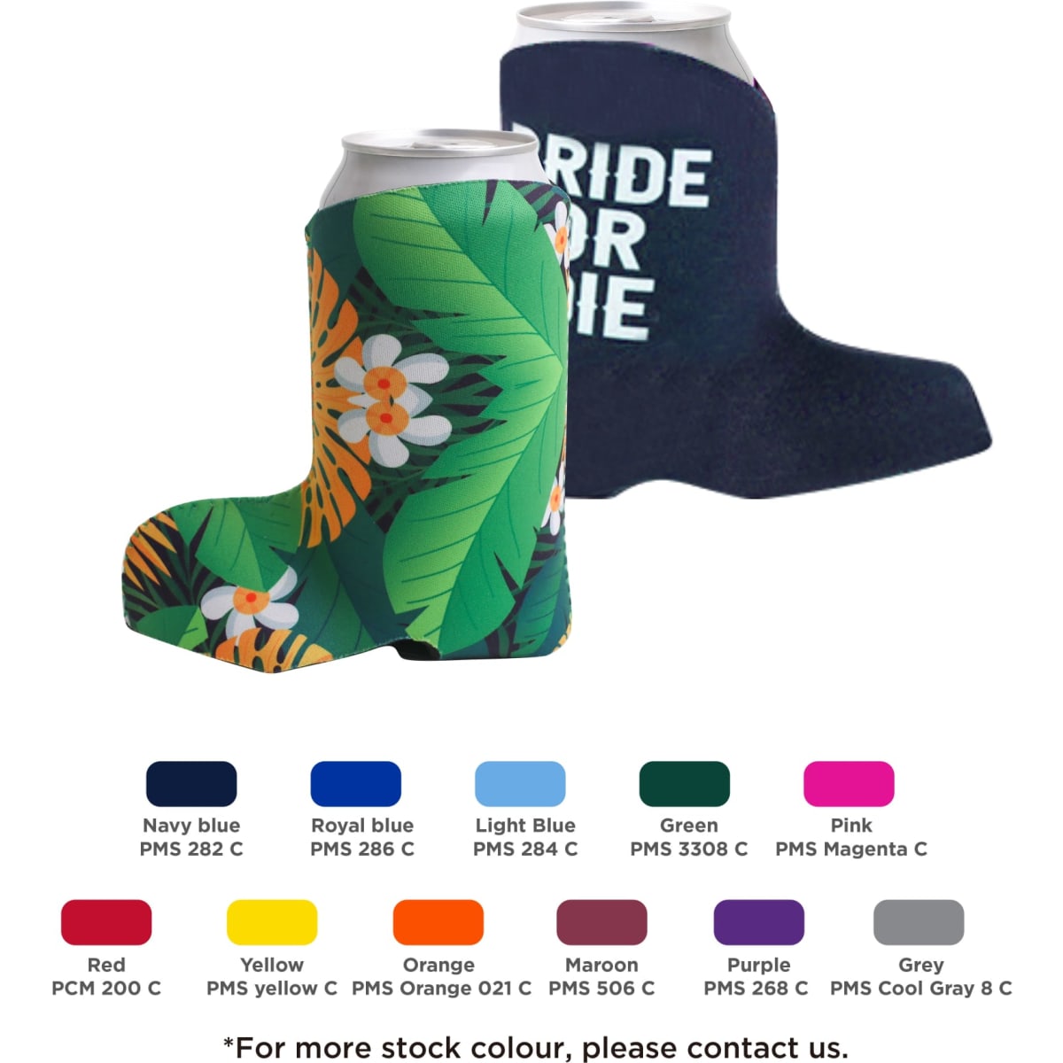 A drink bottle holder in a boot shape featuring a vibrant green tropical design and a navy blue solid colour, with a logo.