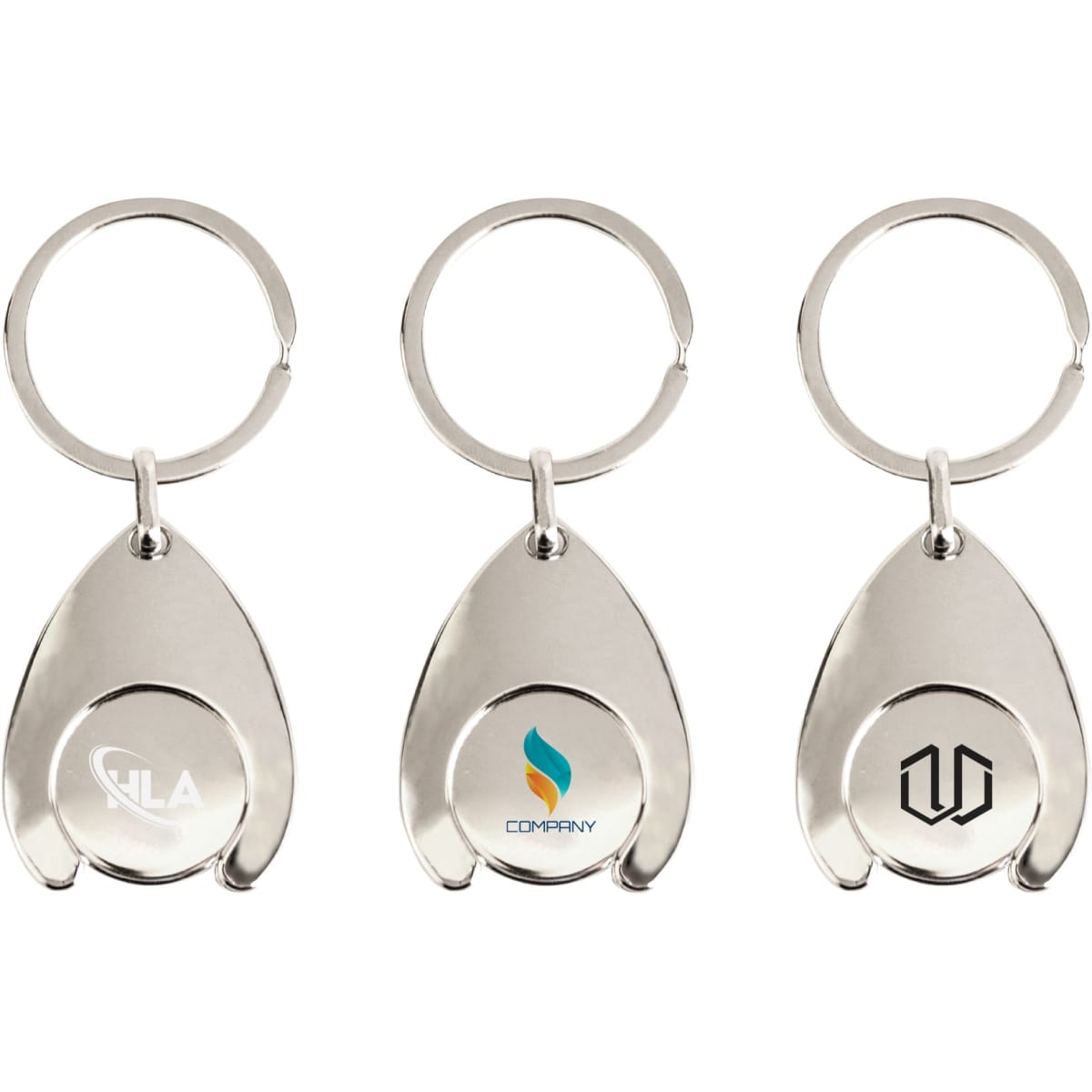A silver teardrop-shaped trolley coin keyring with a metal keyring attachment, featuring spaces for logos.